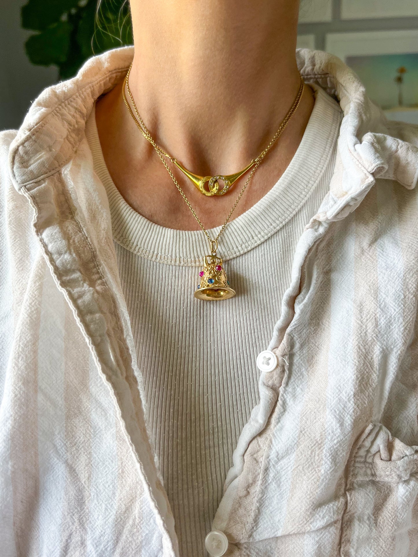 Vintage Bell with Gemstones and Pearls 14k Yellow Gold Charms, circa 1950s