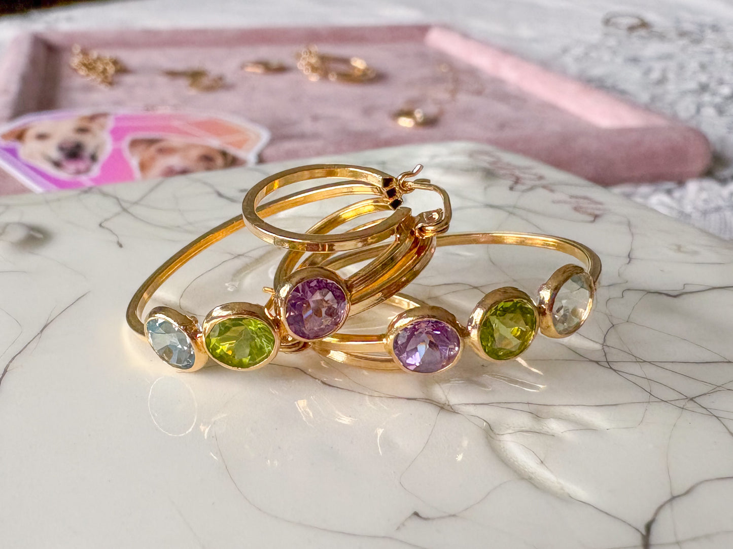 Vintage 3 Stone CZ 14k Yellow Gold Triple Hoop Earrings