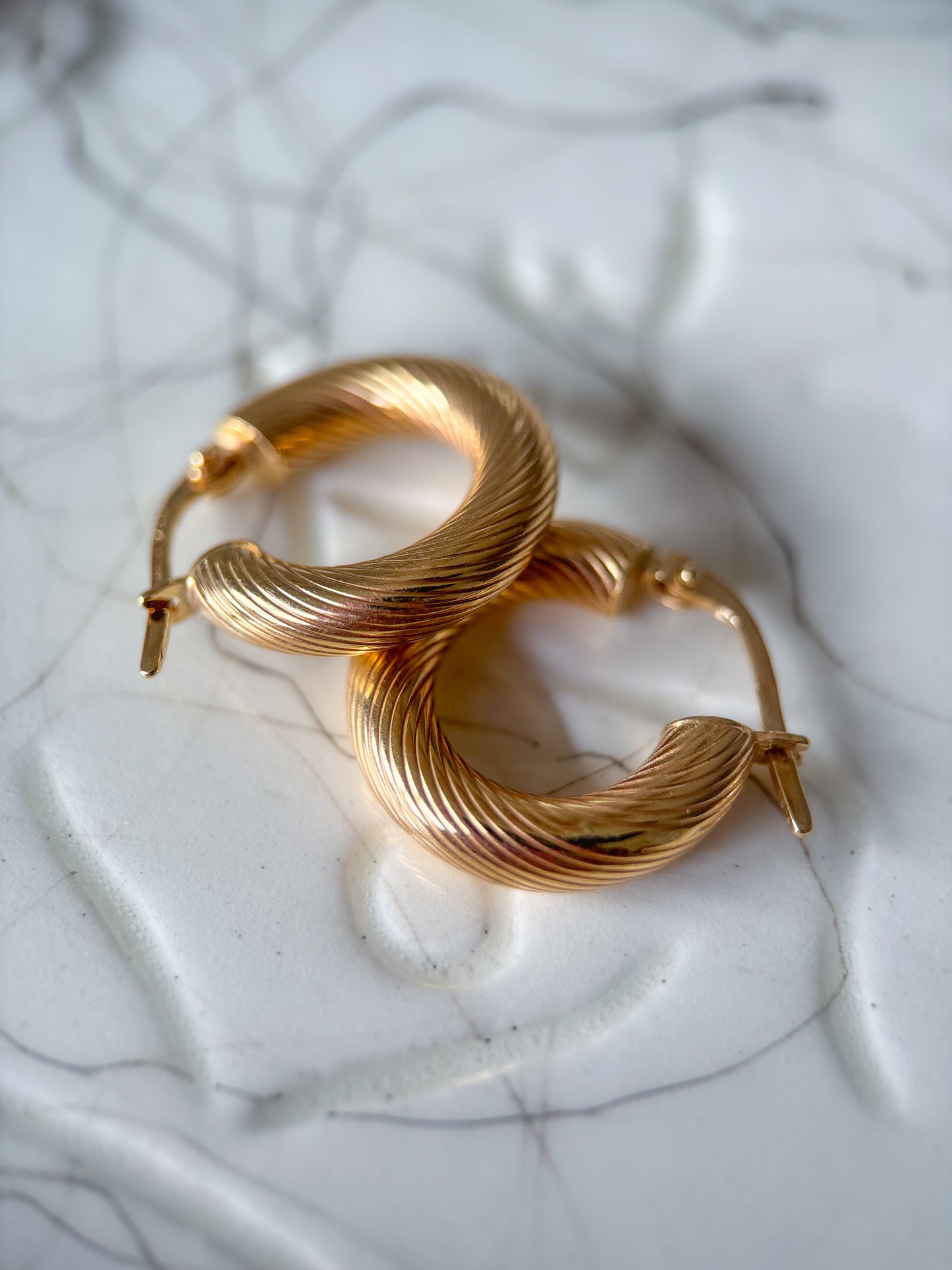 Vintage 14k Yellow Gold Thick Etched Hoop Earrings