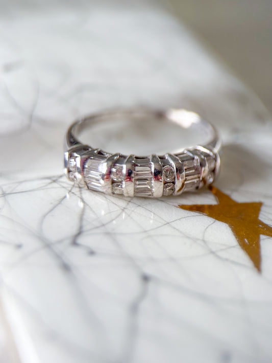 Vintage Natural Round and Baguette Diamond 14k White Gold Half Band Ring