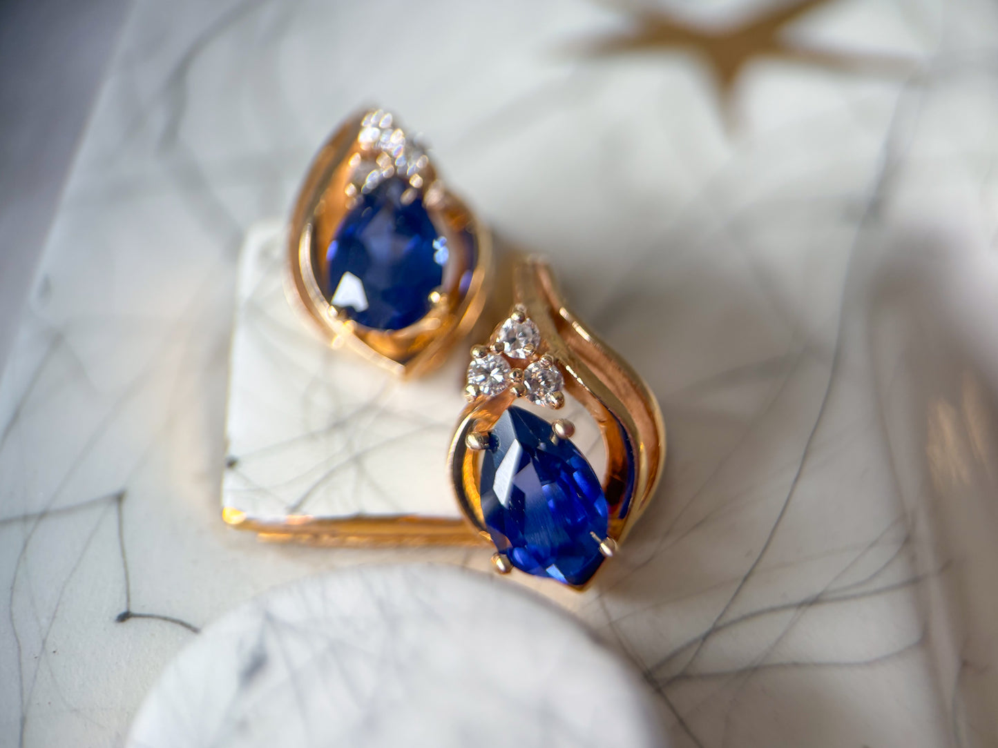 Vintage Natural Diamonds with Synthetic Blue Stone 14k Yellow Gold Earrings