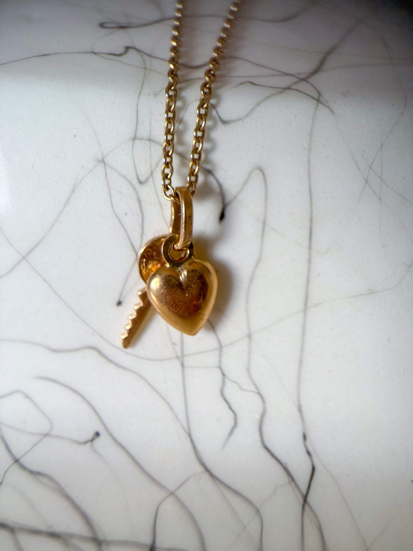 Vintage Mini Puffy Heart and Key 14k Yellow Gold Charm