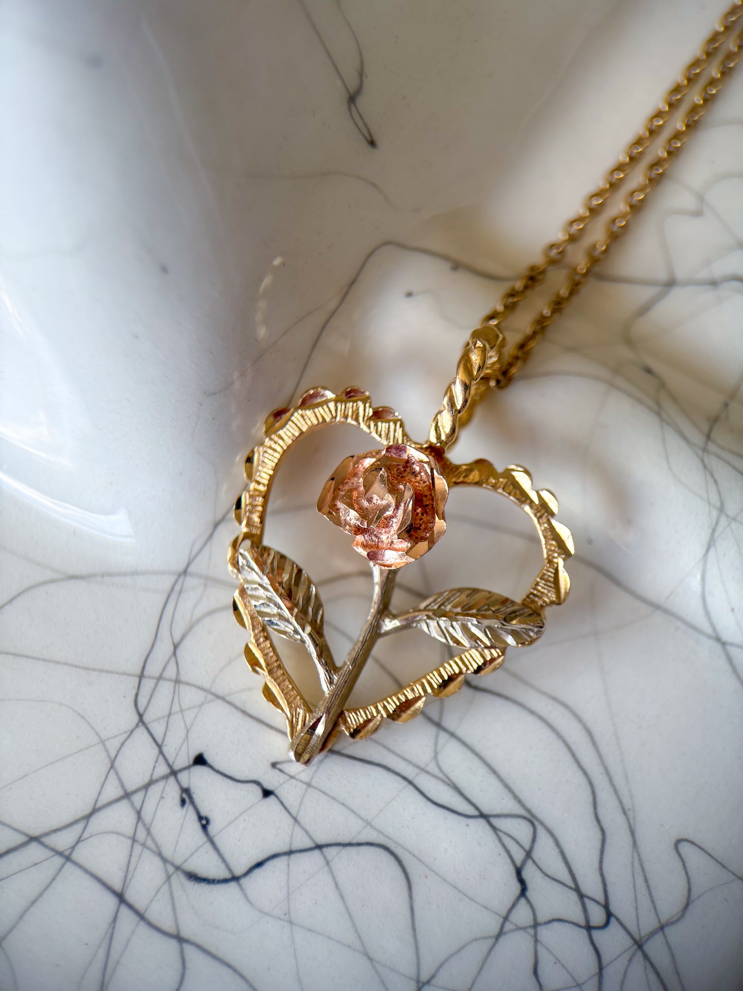 Vintage Heart 14k Yellow, White and Rose Gold Charm