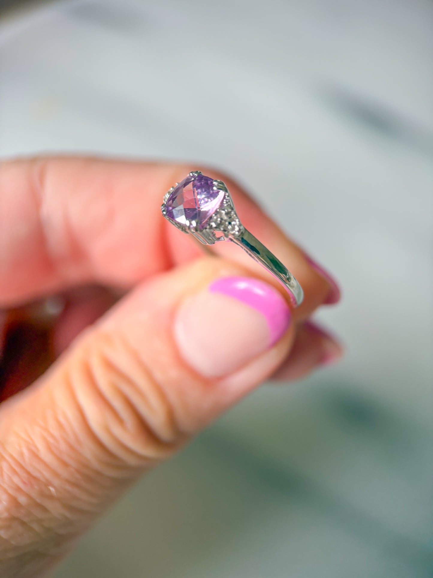 Vintage Amethyst and Natural Diamond 14k White Gold Ring