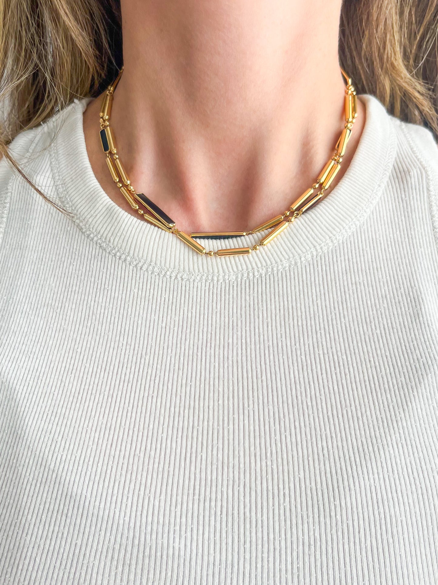 Vintage Onyx 14k Yellow Gold Ball and Bar 30 Inch Chain