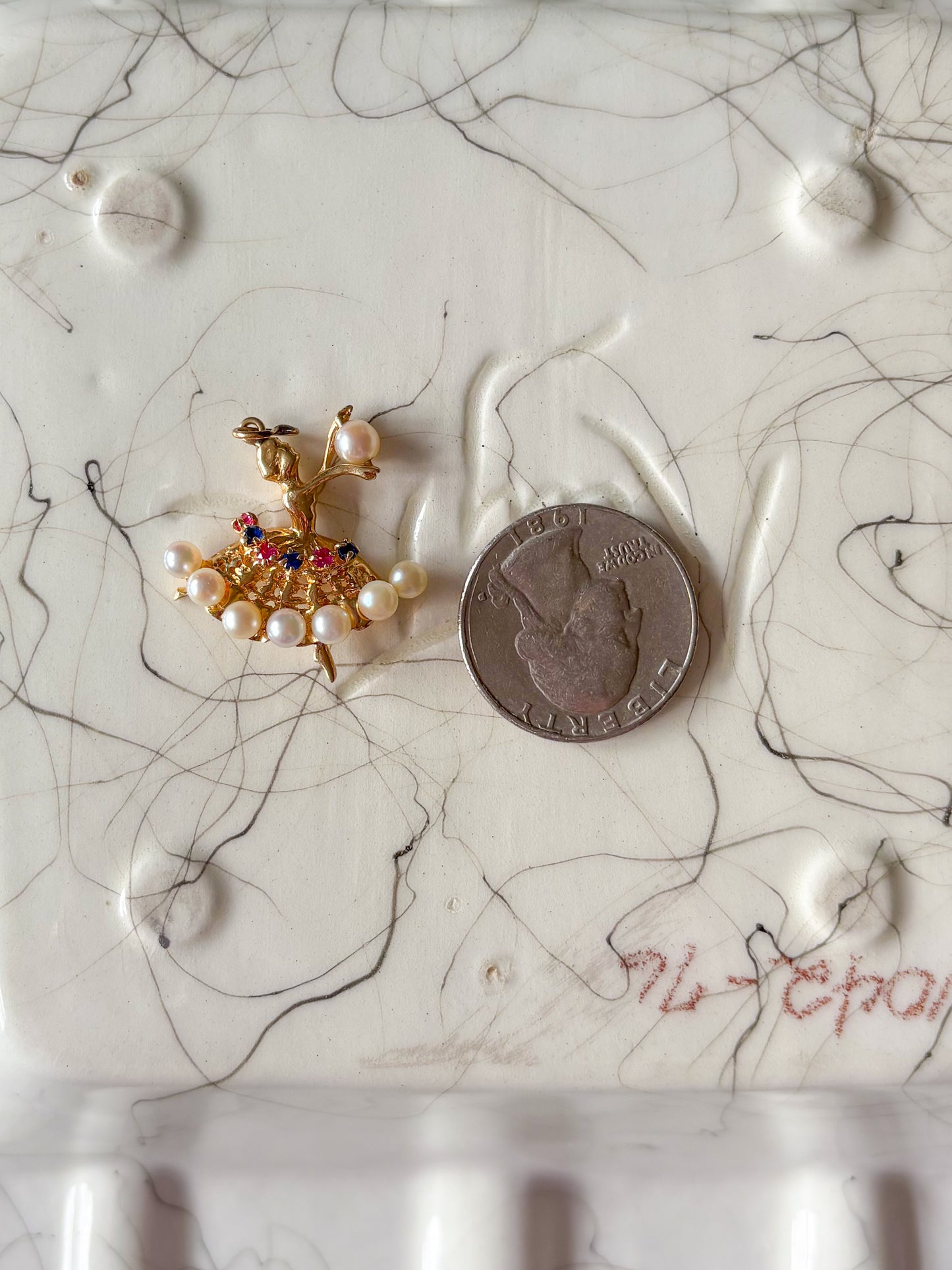 Vintage Ballerina with Natural Rubies, Sapphires and Pearls 14k Yellow Gold Charm