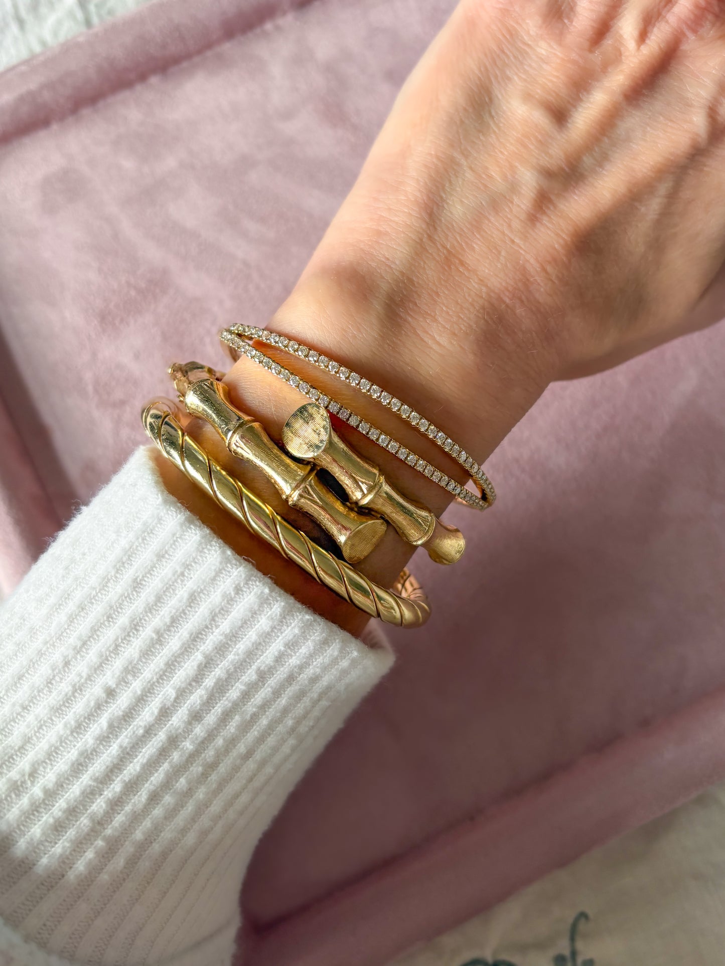 Vintage Natural Diamond 14k Yellow Gold Open Bangle
