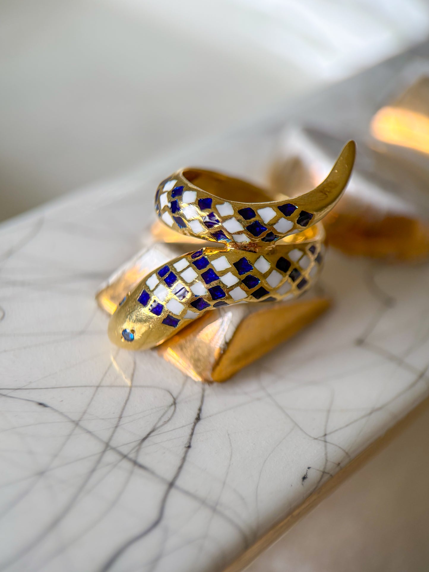 Vintage Enamel and Natural Sapphire 18k Yellow Gold Snake Ring, Size 3 1/4, circa 1960s