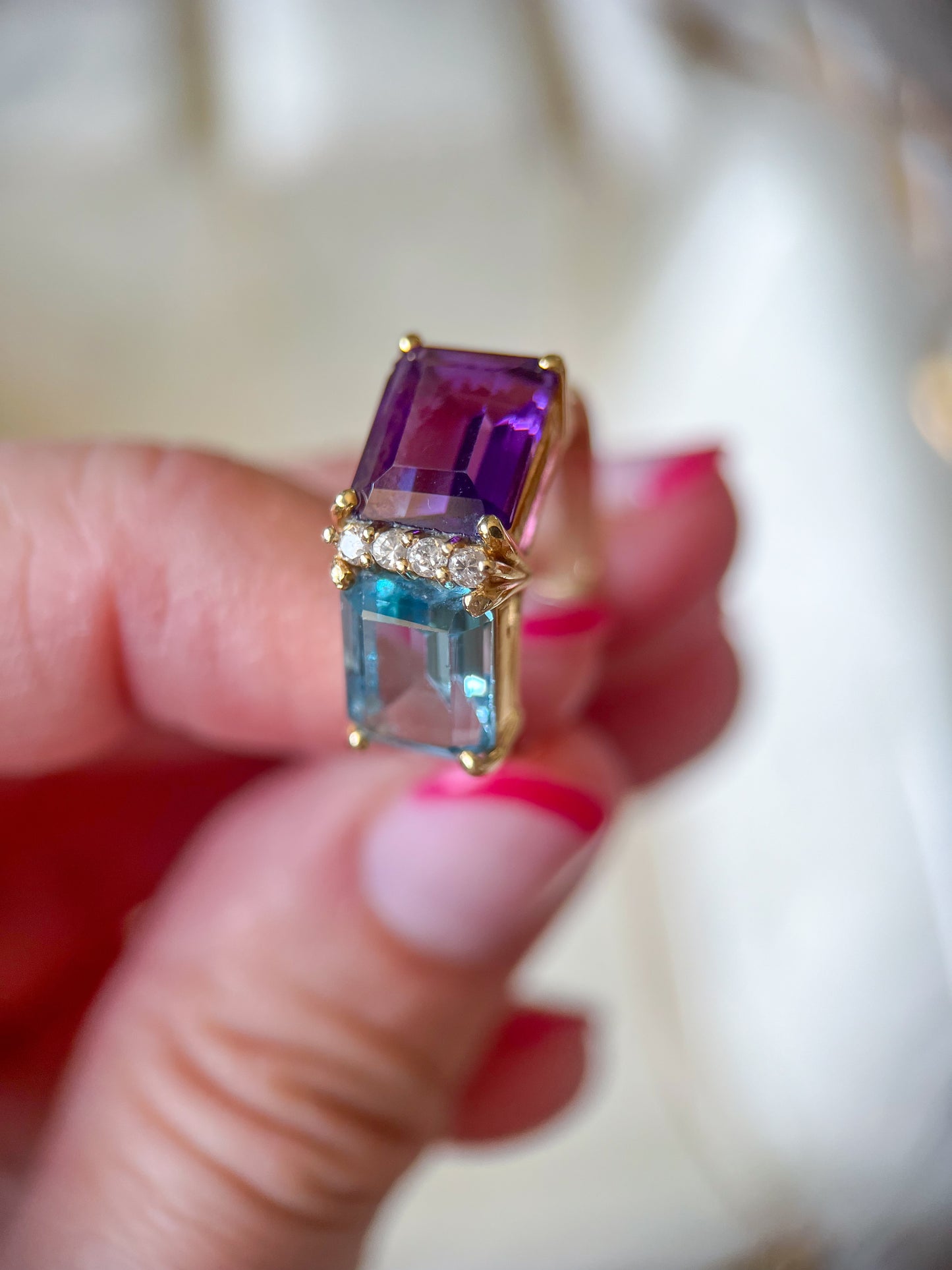 Vintage Natural Amethyst and Topaz Two Stone Ring with Natural Diamonds 14k Yellow Gold, circa 1980s