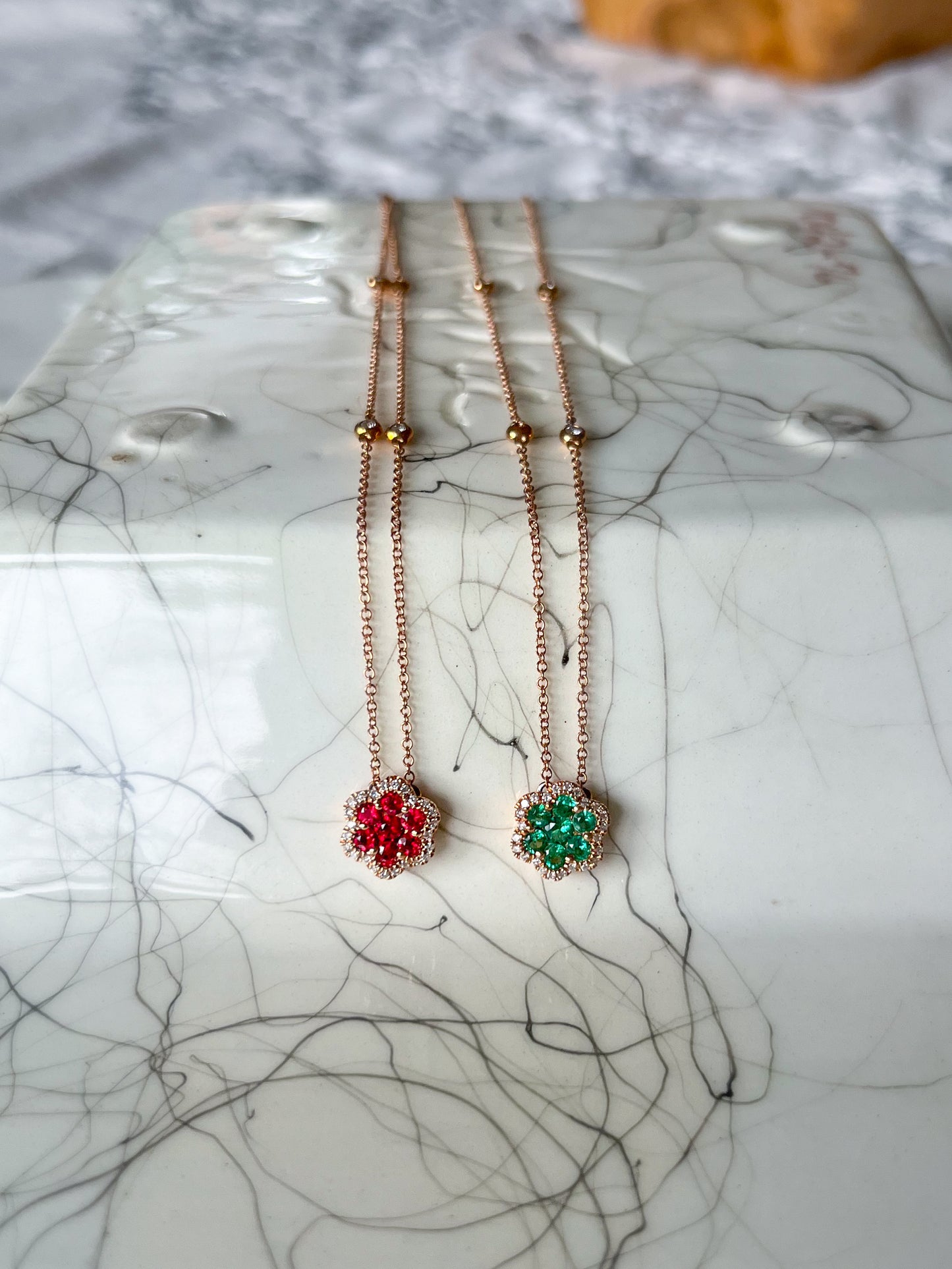 Natural Ruby, Emerald and Diamond Flower Charms in 14k Rose Gold