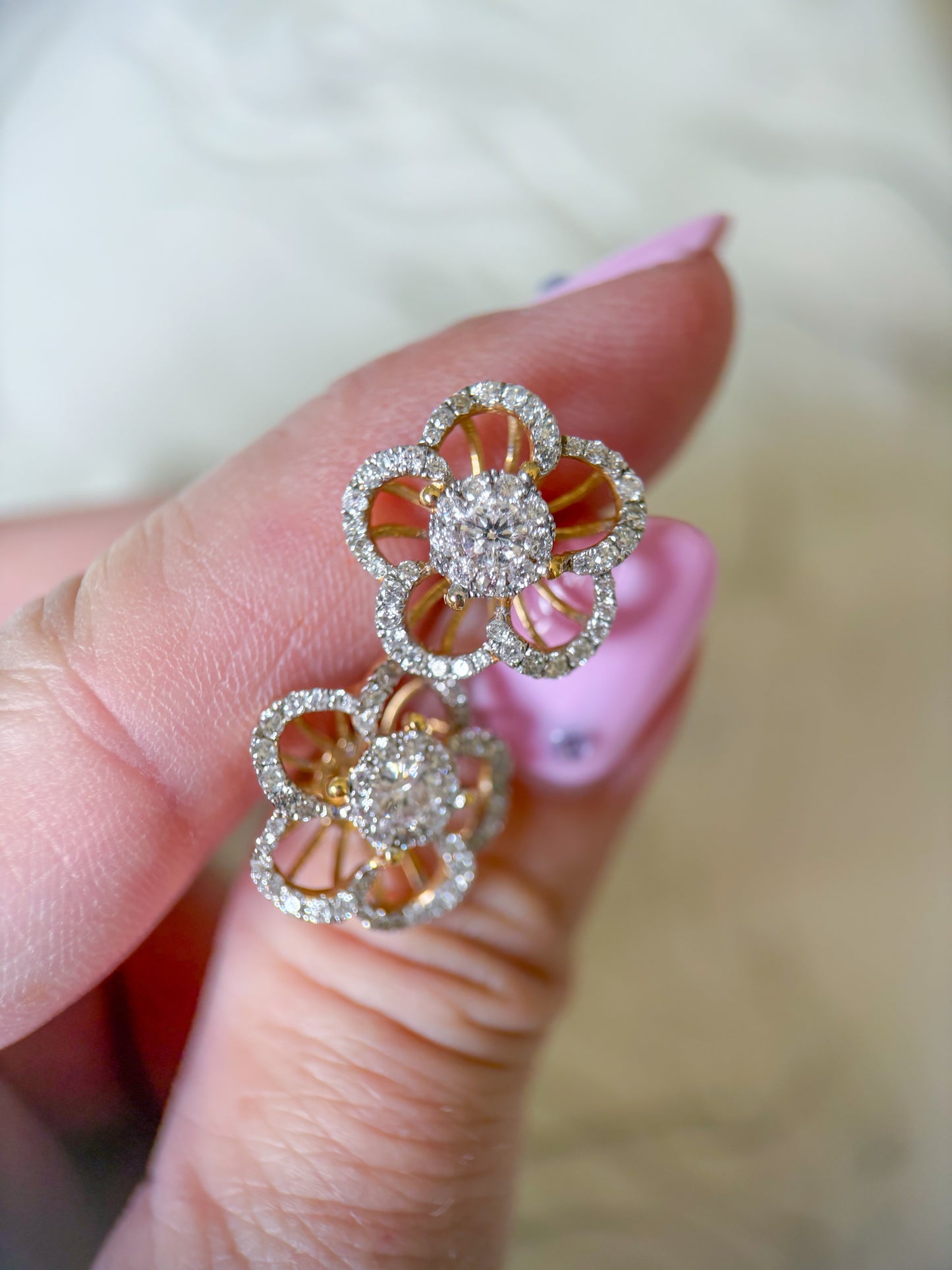 Natural Diamond Flower 14k Yellow Gold Large Stud Earrings