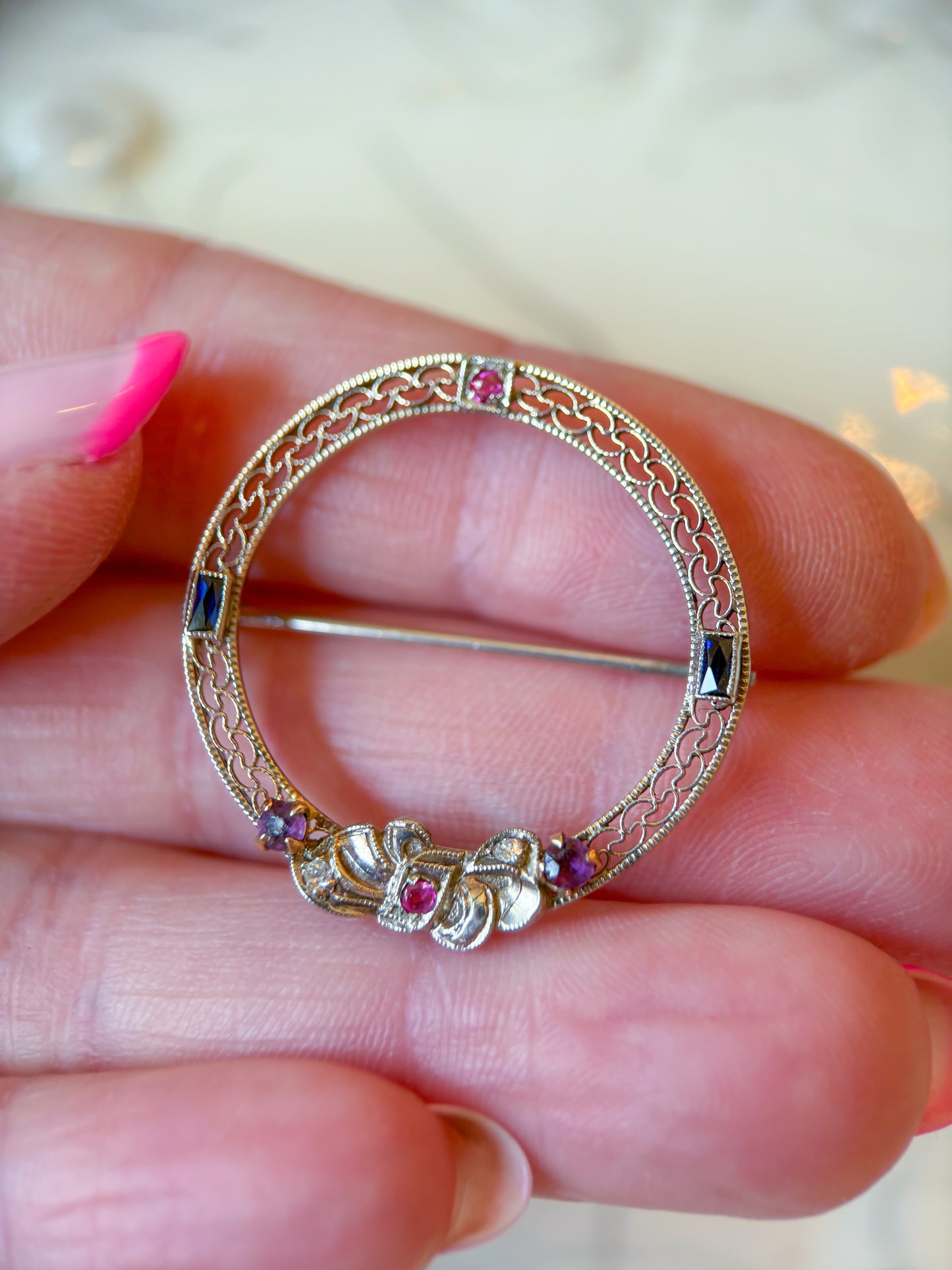 Vintage Art Deco 14k White Gold Filigree Brooch Featuring Natural Gemstones