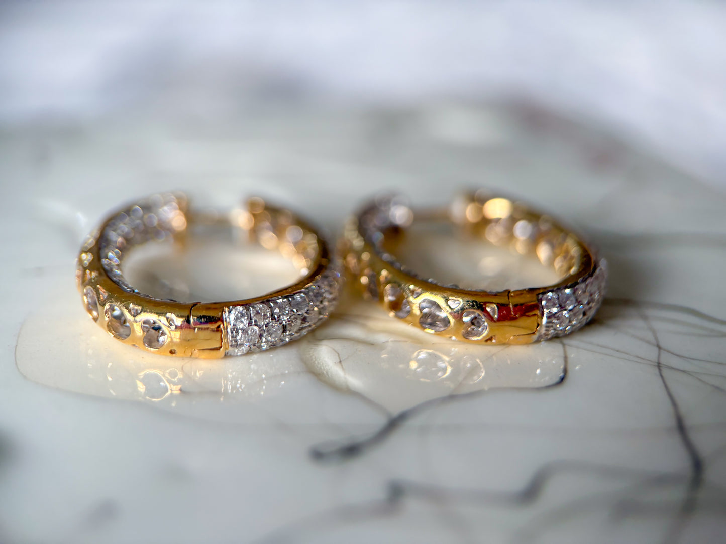 Natural Diamond Encrusted 14k Yellow Gold Large Oval Hoops with Heart Cut Outs