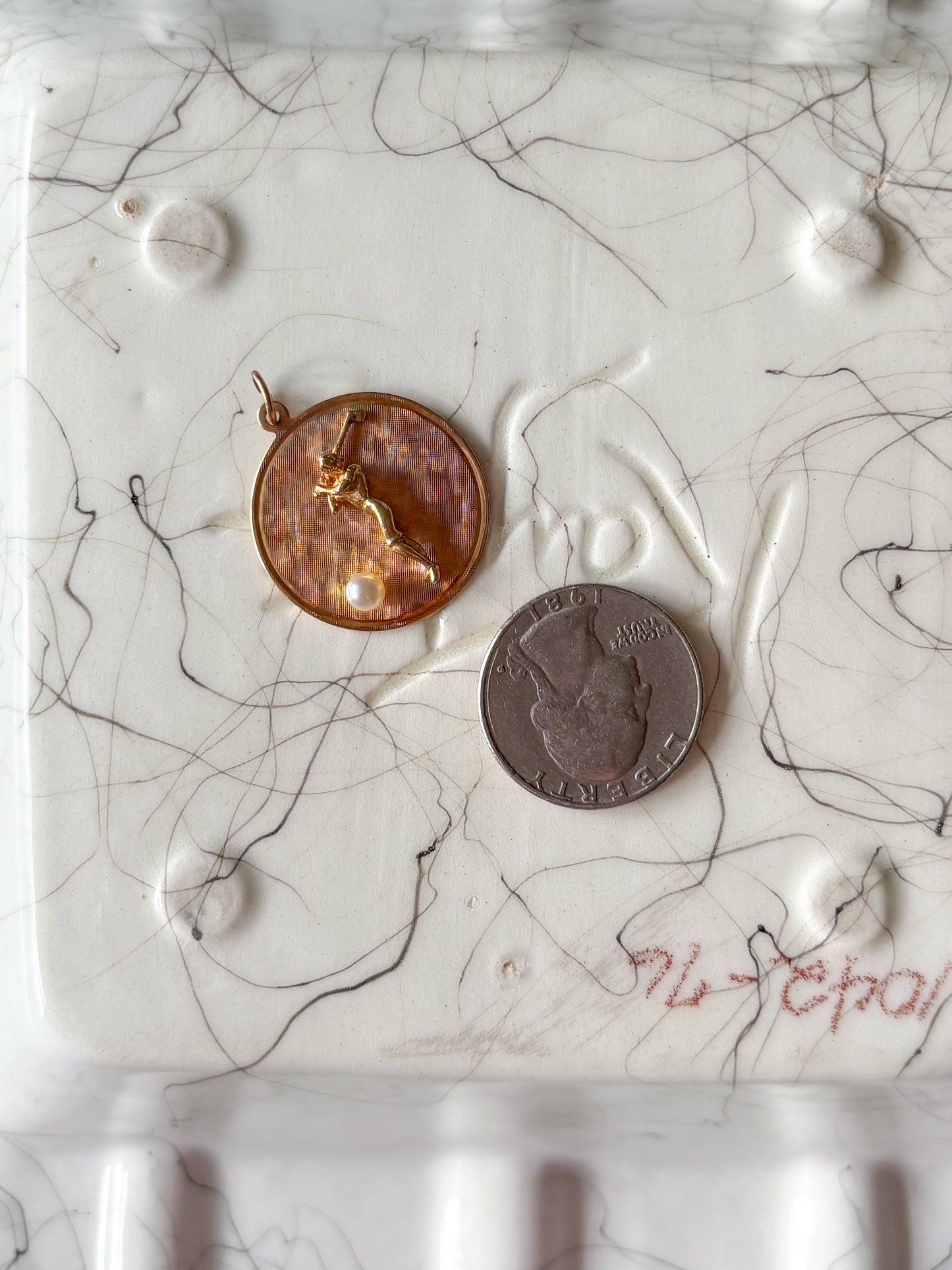 Vintage Golfer with Pearl 14k Yellow Gold Charm