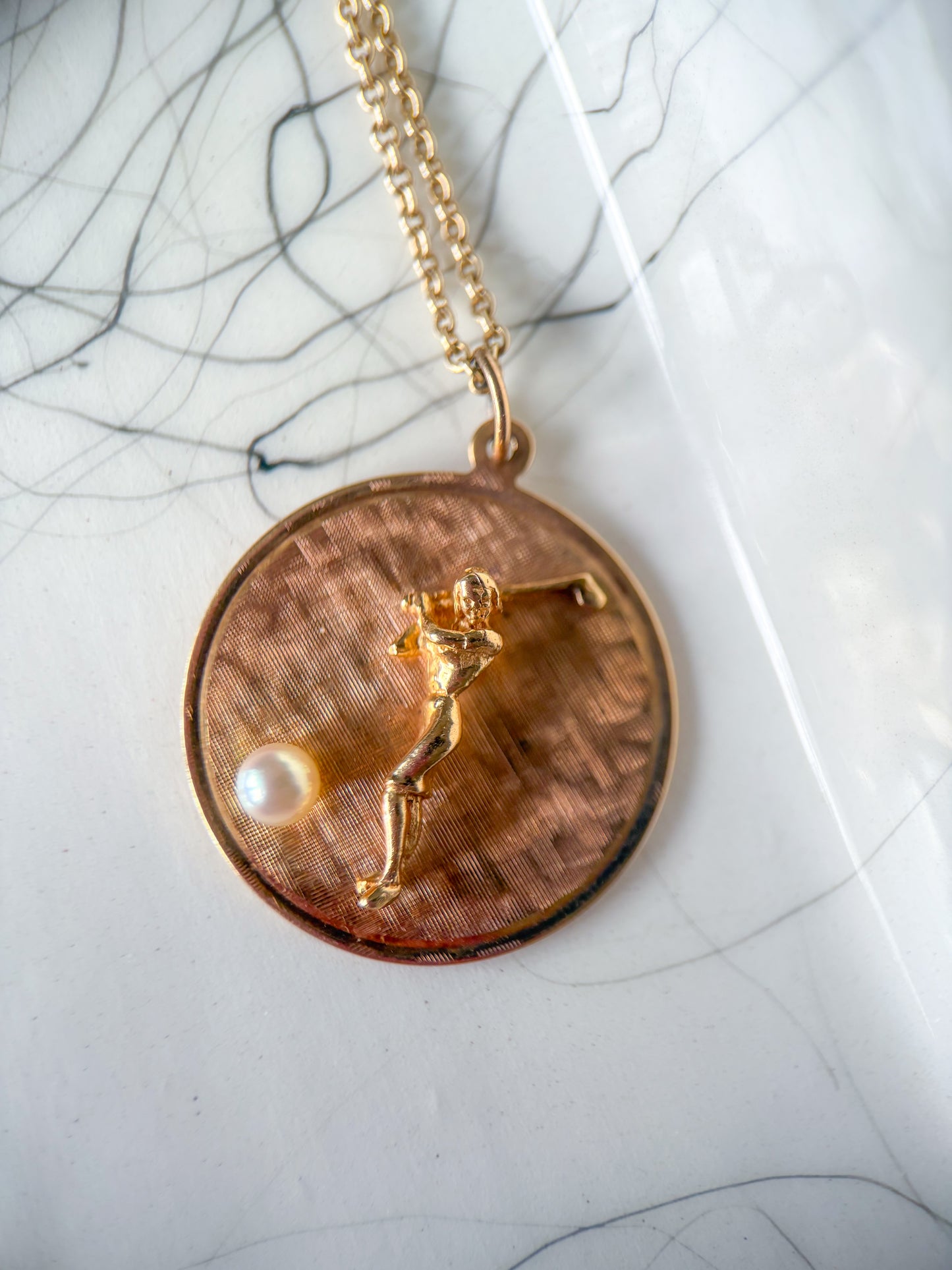 Vintage Golfer with Pearl 14k Yellow Gold Charm