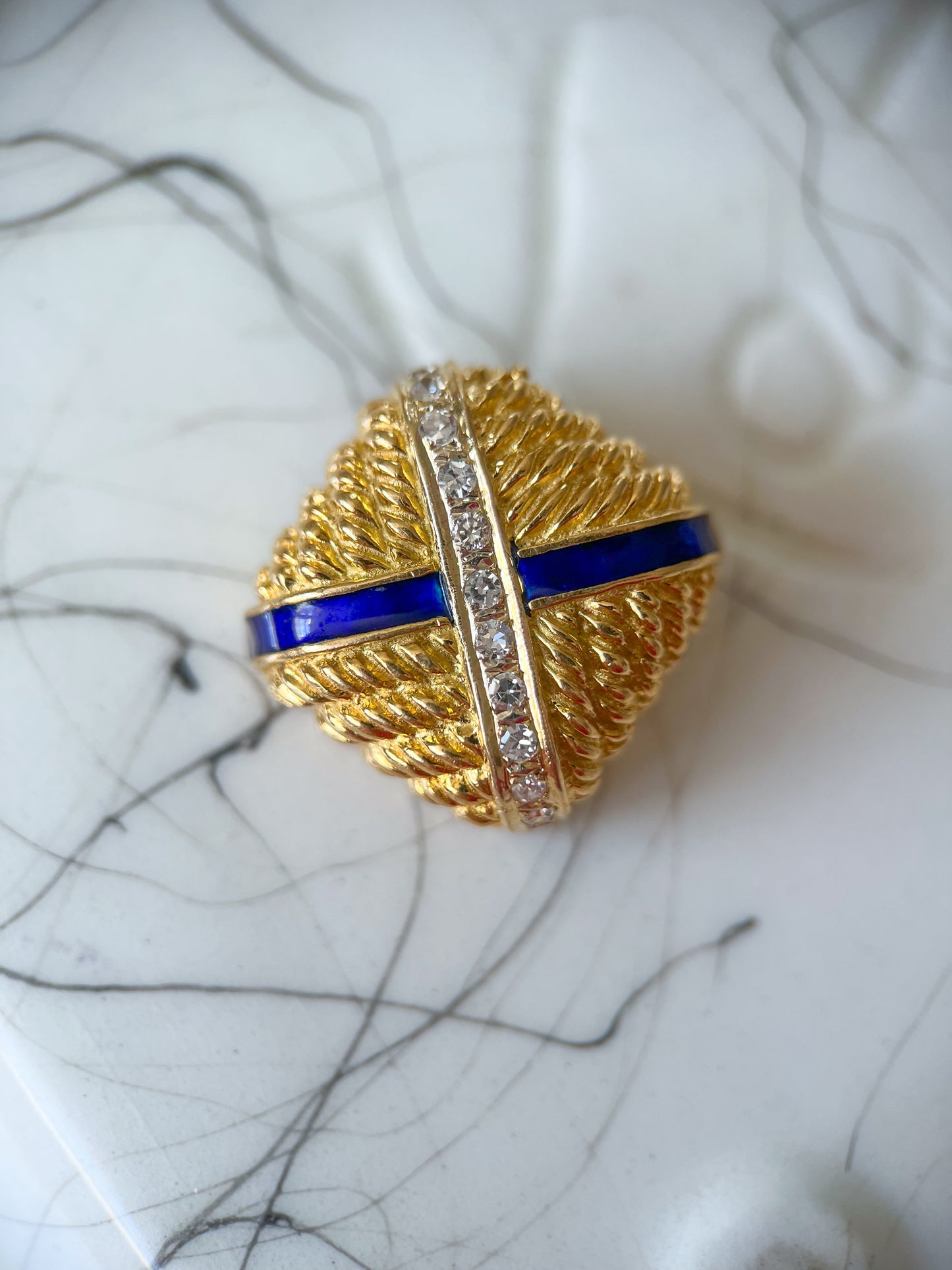 Vintage Blue Enamel and Natural Diamond Square 14k Yellow Gold Slider, circa 1960s