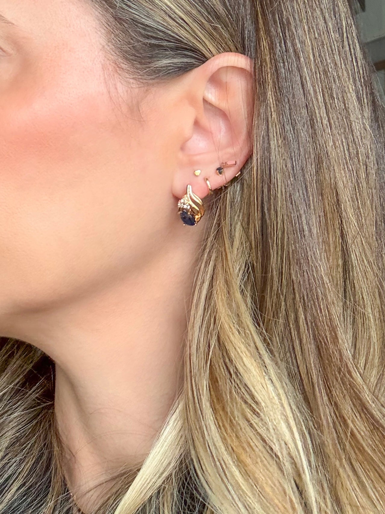 Vintage Natural Diamonds with Synthetic Blue Stone 14k Yellow Gold Earrings