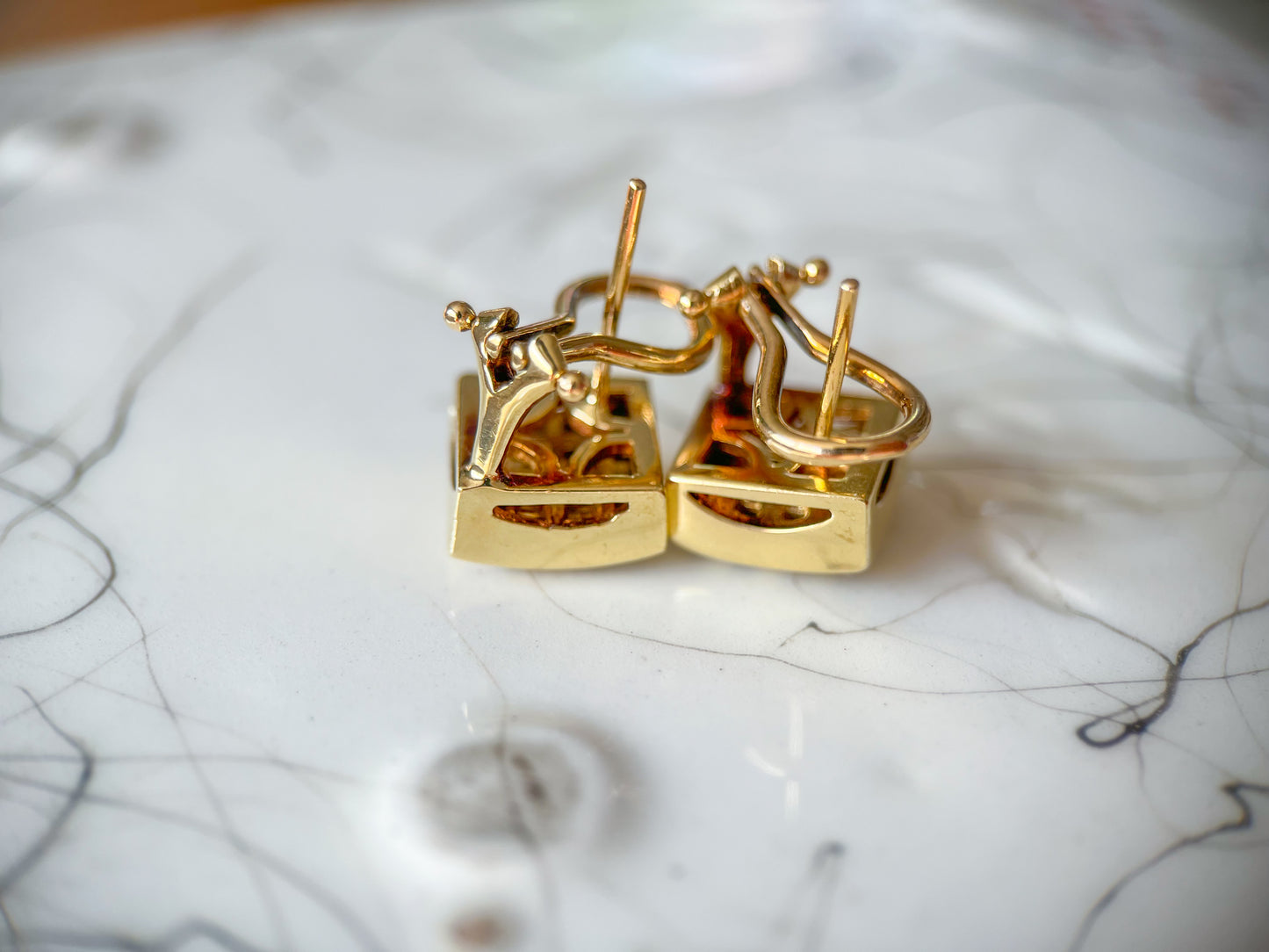 Vintage Square Natural Diamond 14k Yellow Gold Stud Earrings