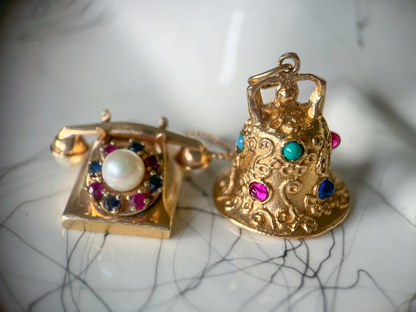 Vintage Telephone with Gemstones and Pearls 14k Yellow Gold Charm, circa 1950s