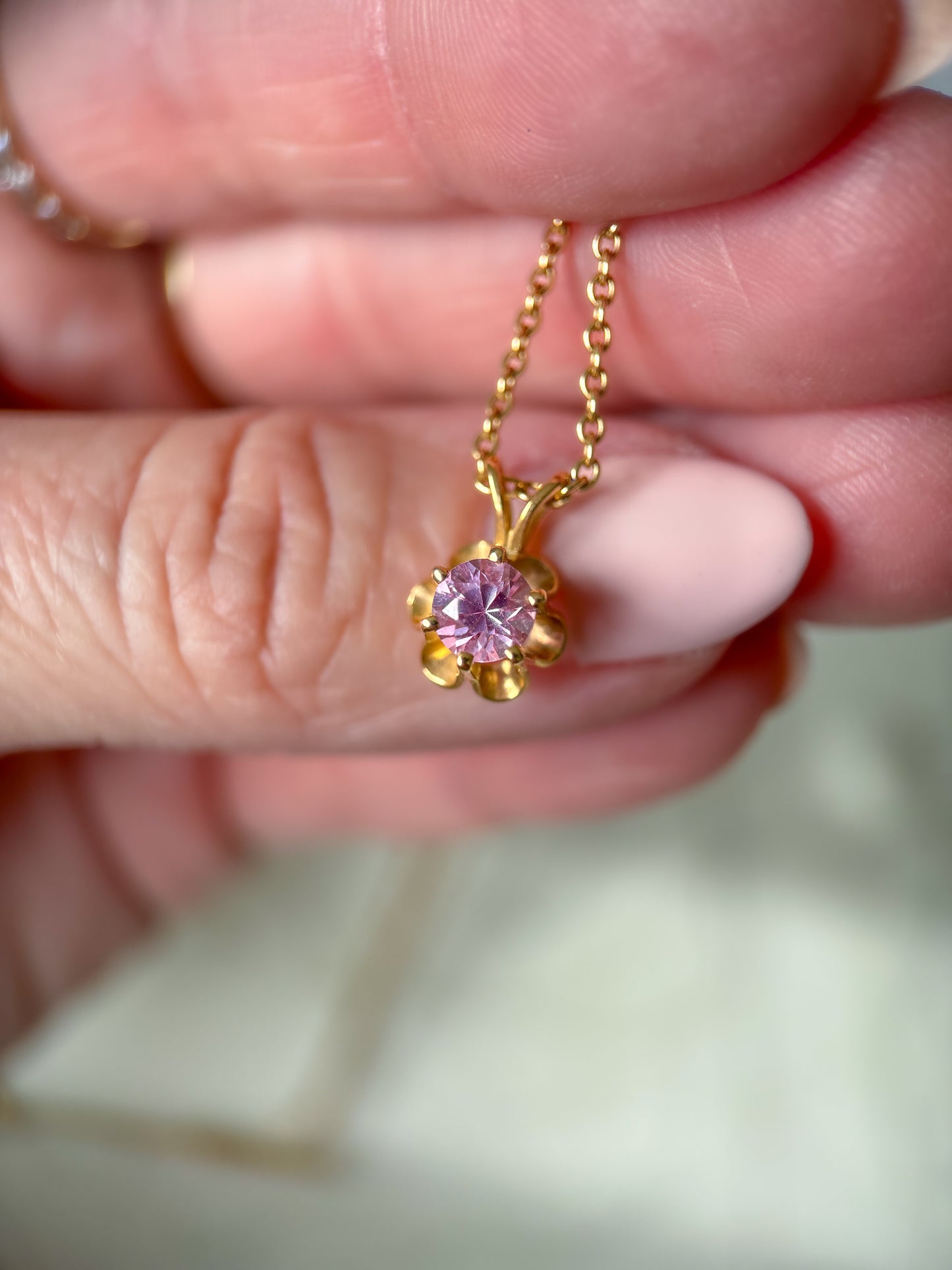 Vintage Pink Stone Flower 14k Yellow Gold Charm