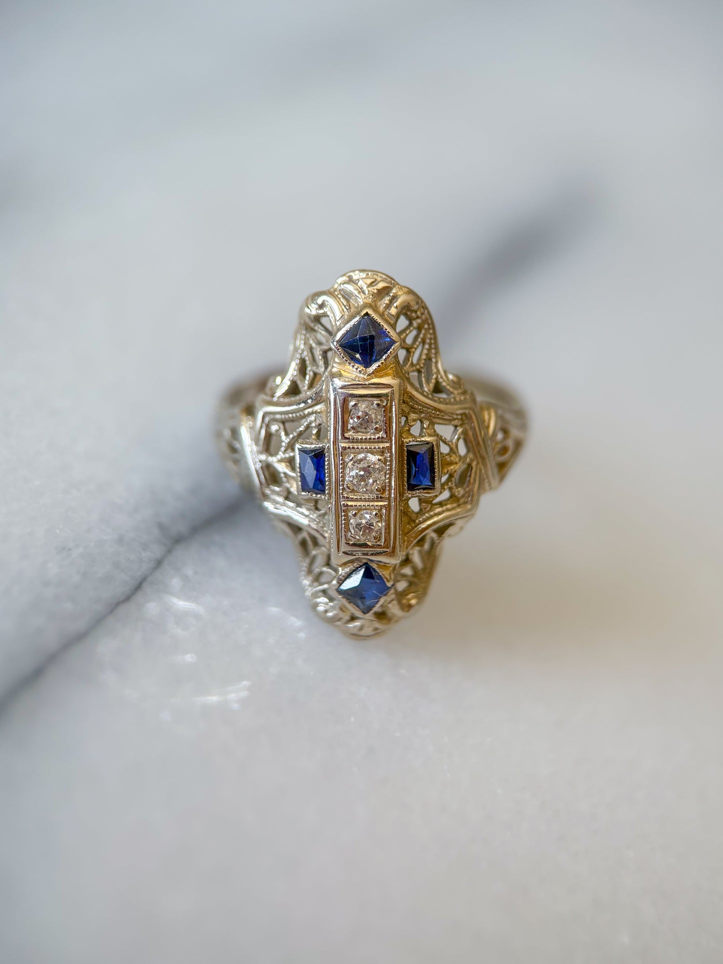 Vintage Natural Diamond and Natural Sapphire 14k White Gold Statement Ring
