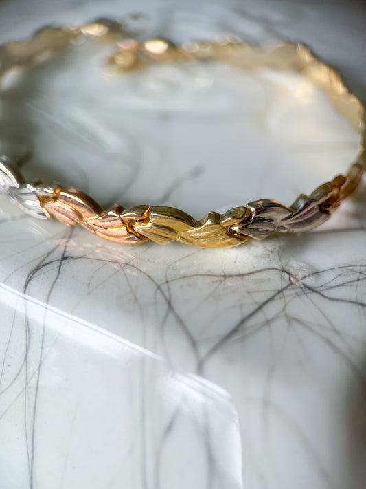 14k Tri Colored White, Rose, Yellow Gold 7 Inch Bracelet