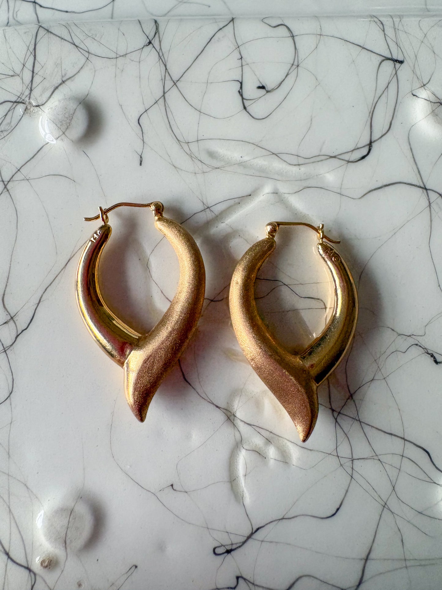 Vintage Matte Shiny 14k Yellow Gold Hoop Earrings