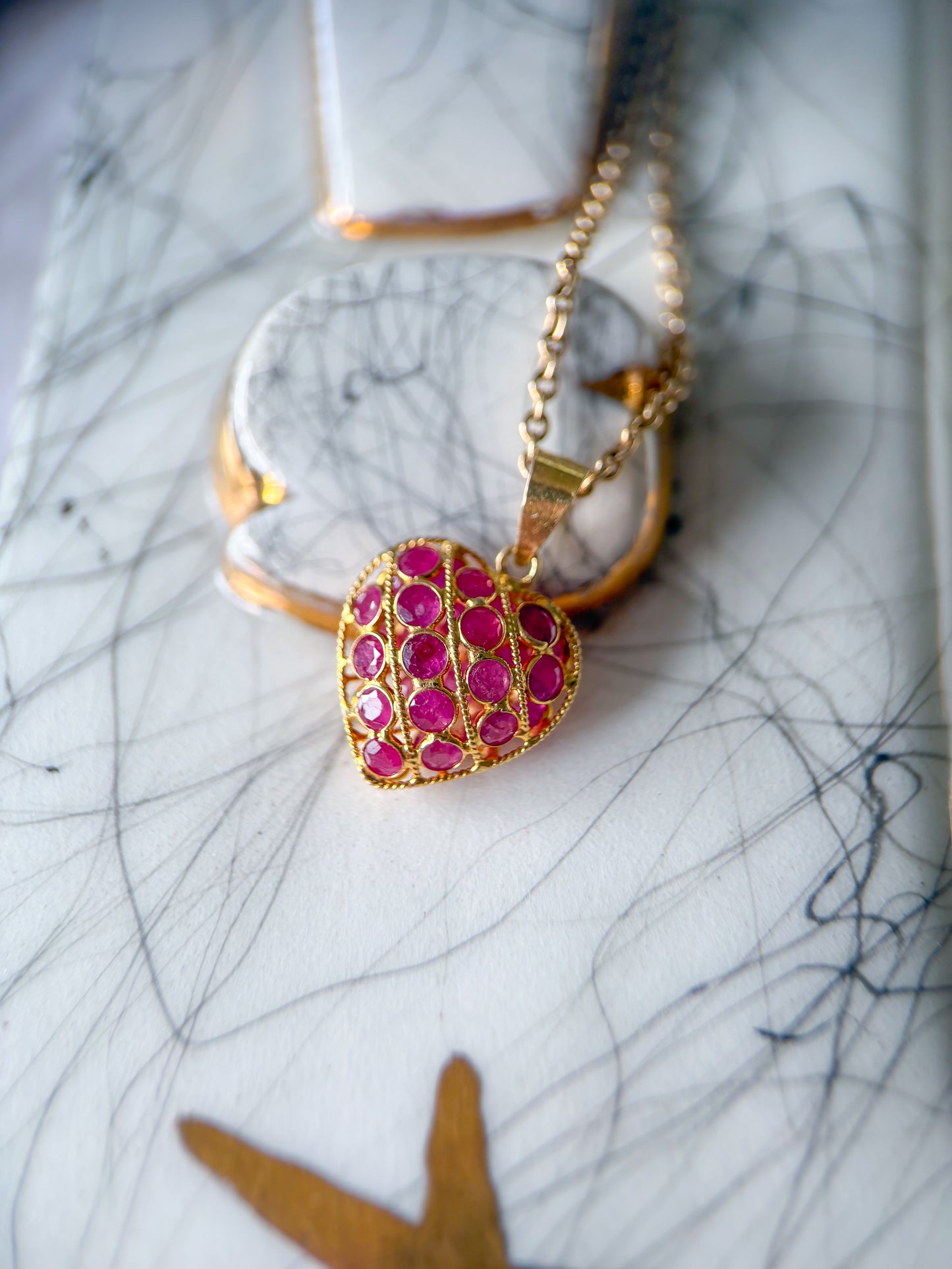 Vintage Natural Ruby Puffy Heart 18k Yellow Gold Charm, Circa 1990's