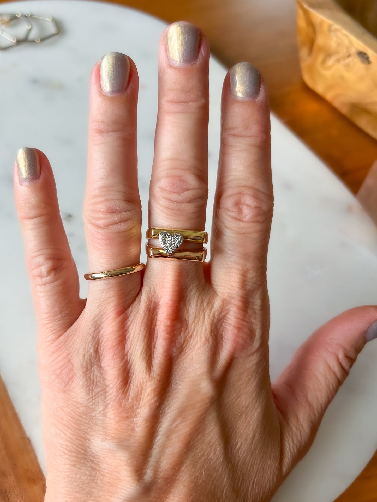 Vintage Double Bar Natural Diamond Heart Two Toned 14k Rose and Yellow Gold Ring