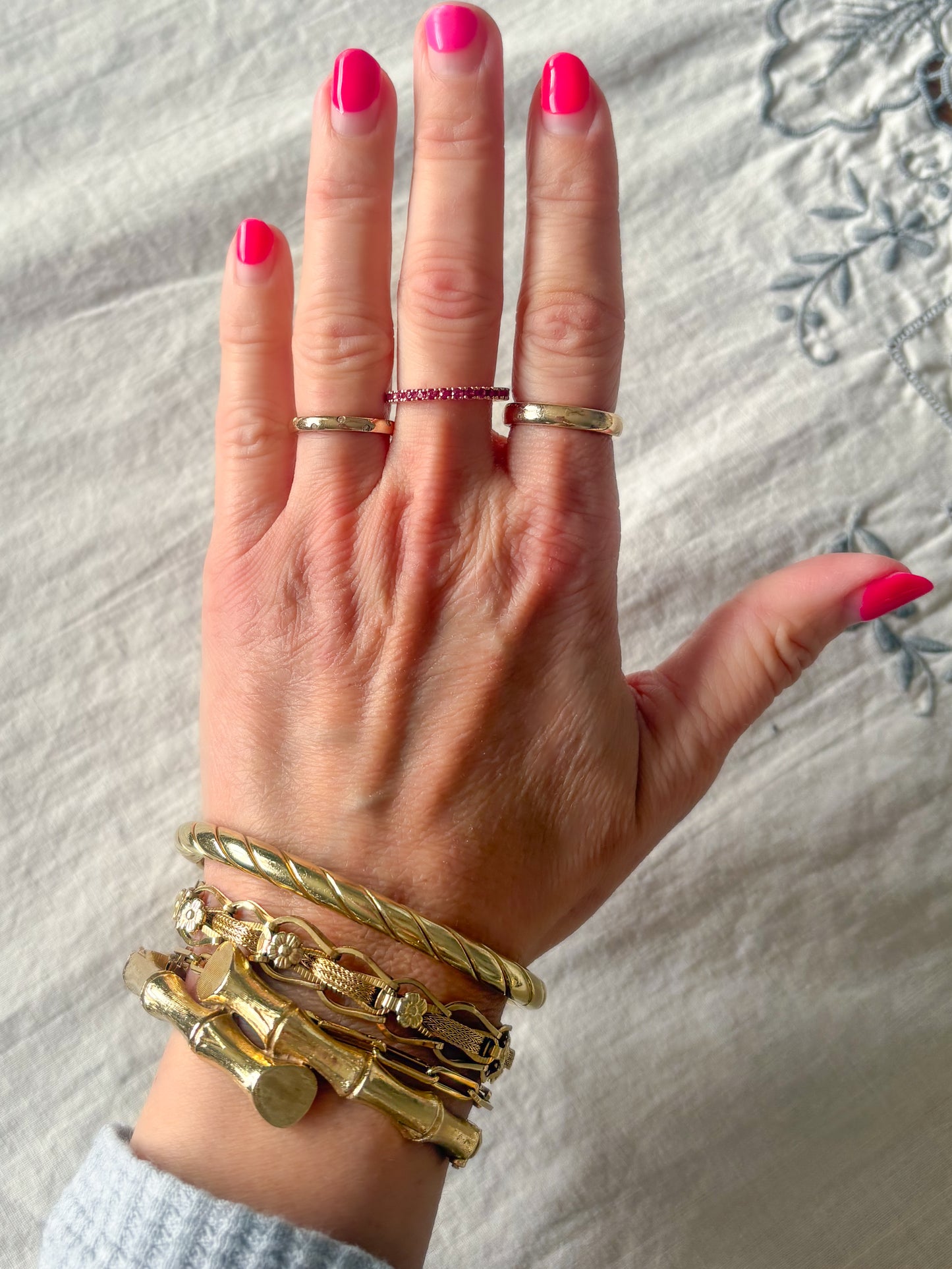 Vintage Natural Pink Sapphire 14k Rose Gold Eternity Band, size 6 1/4