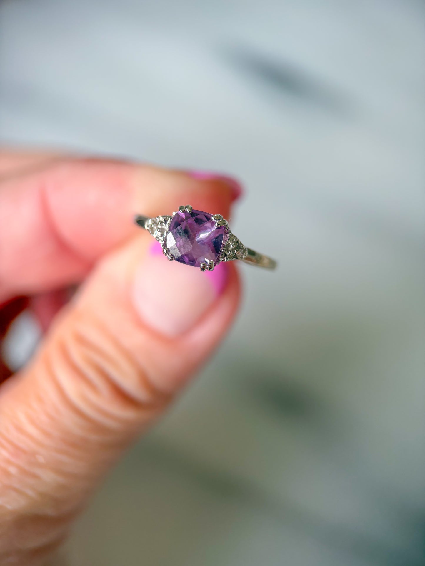 Vintage Amethyst and Natural Diamond 14k White Gold Ring