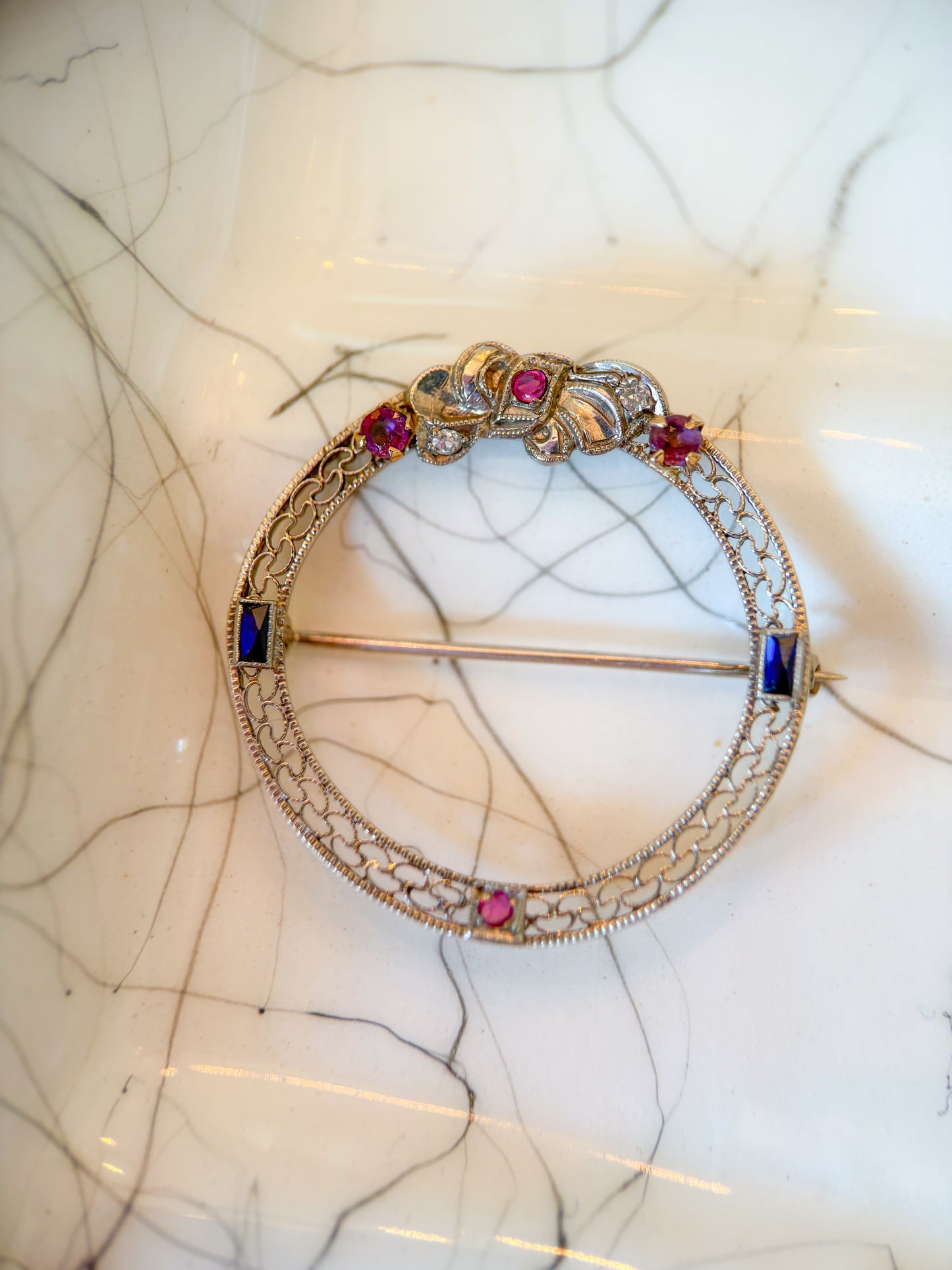 Vintage Art Deco 14k White Gold Filigree Brooch Featuring Natural Gemstones