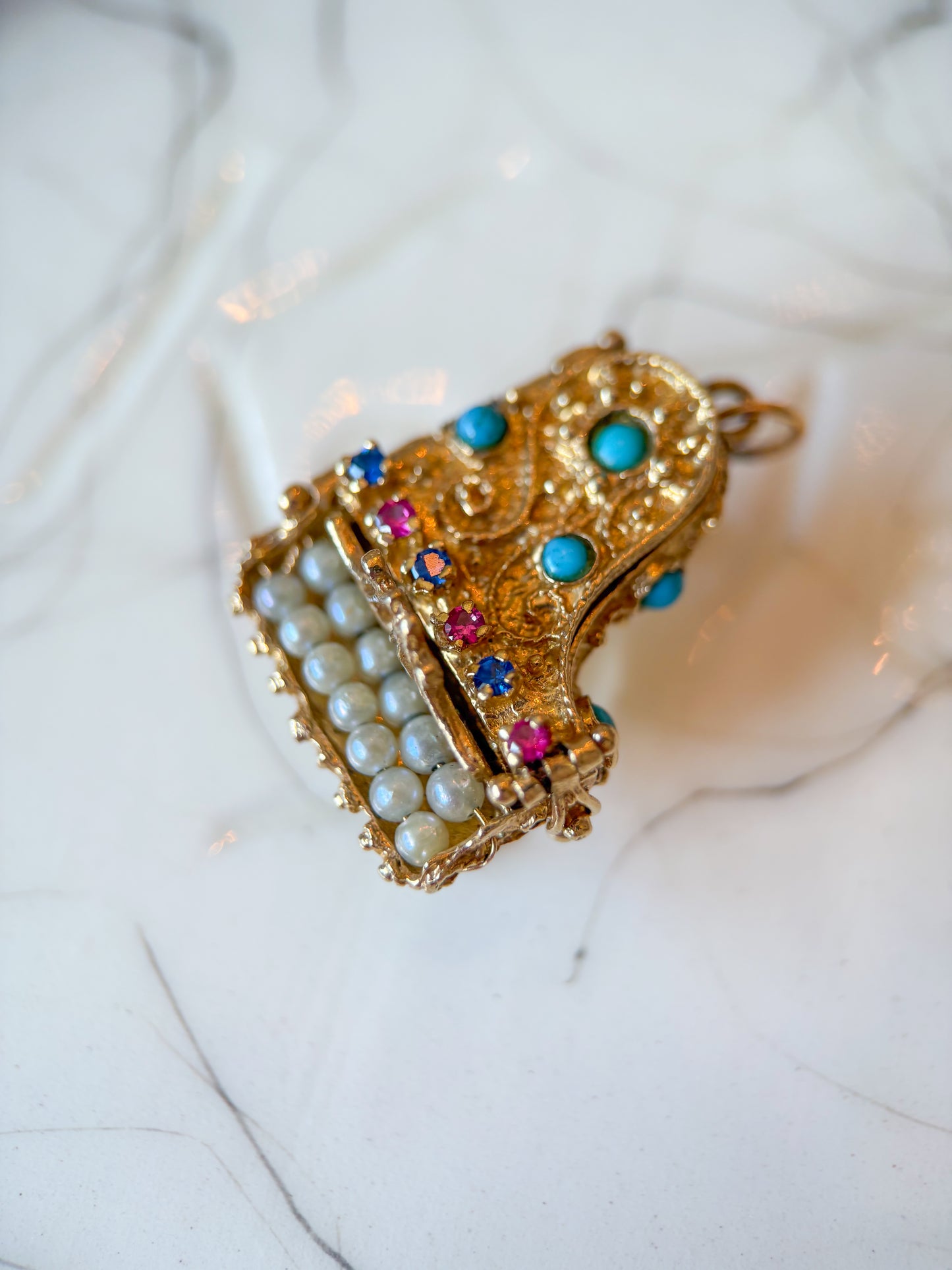 Vintage Grand Piano Charm - Ruby, Sapphire, Pearl, Turquoise and 14k Yellow Gold, circa 1950s