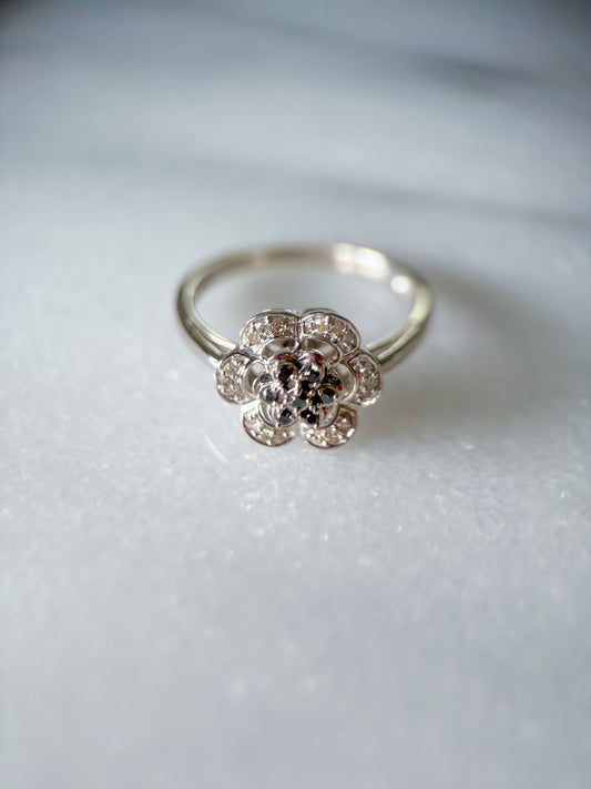 Vintage Natural Black Diamond Flower 14k White Gold Ring
