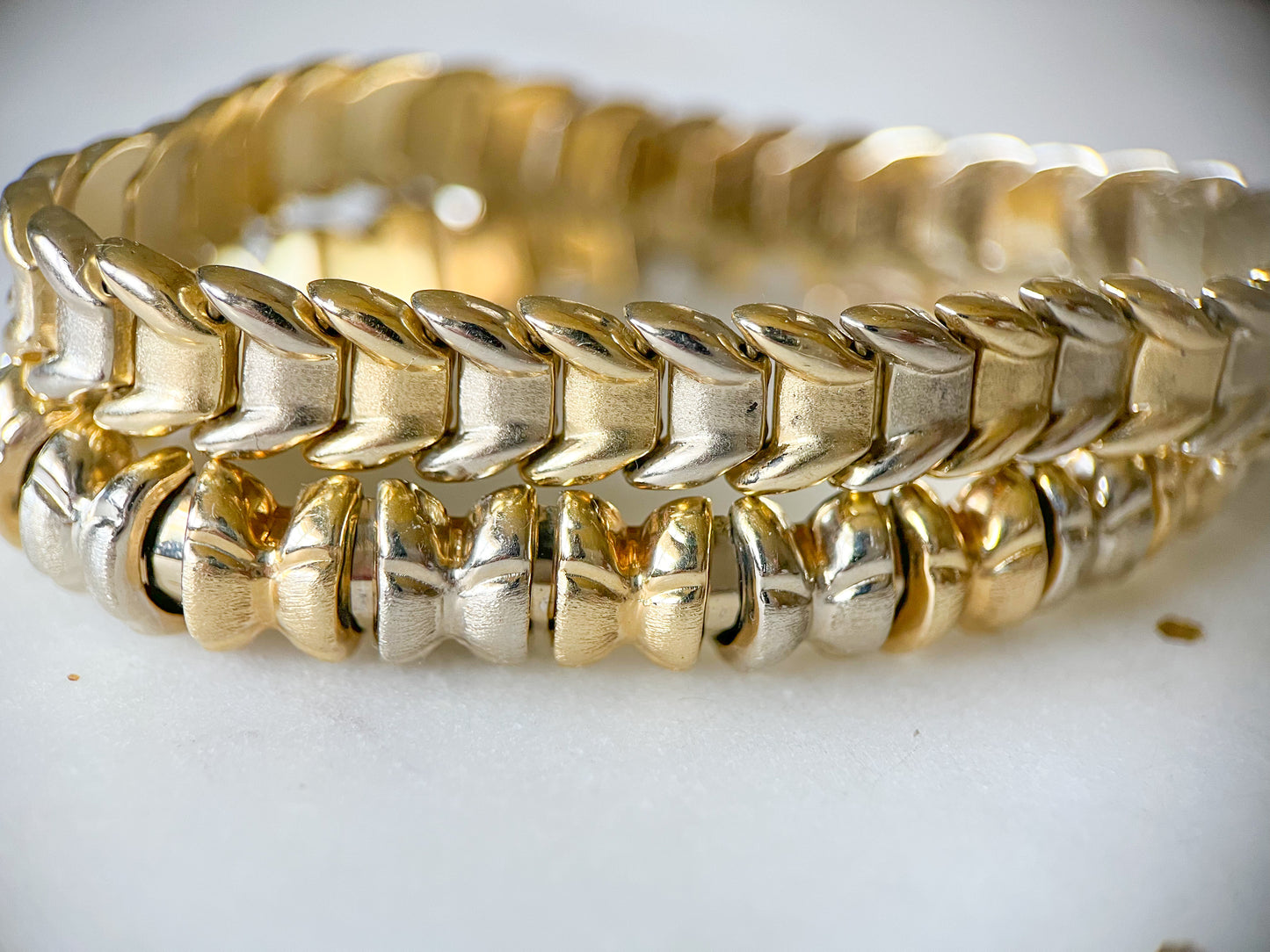 Vintage 14k White Gold and Yellow Gold Two Toned Flat Link and Chunky Bracelets