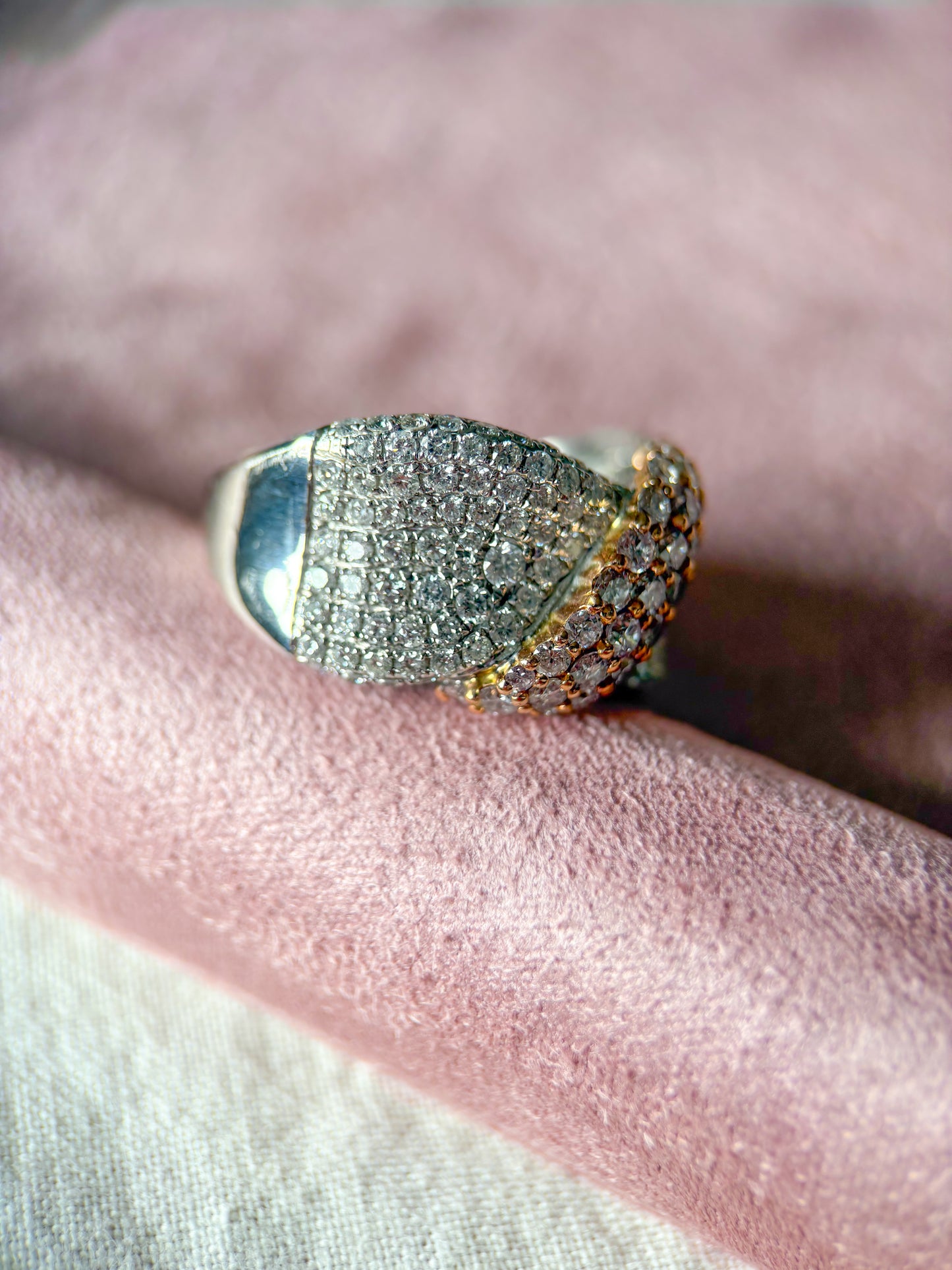 Natural Diamond Ribbon 14k White and Rose Gold Statement Ring