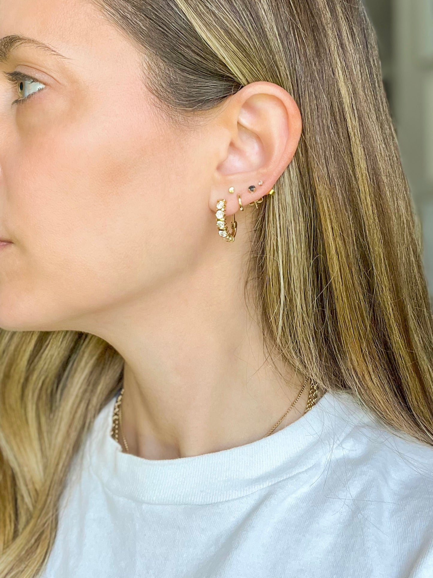 Vintage 14k Yellow Gold Half Hoops with CZ Earrings