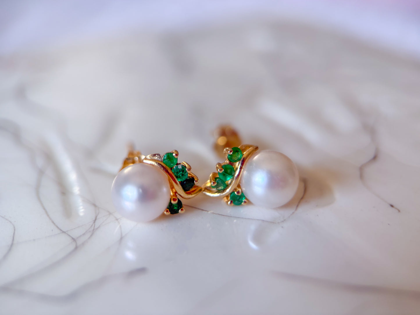 Vintage Pearl Stud with Natural Emeralds 14k Yellow Gold Earrings