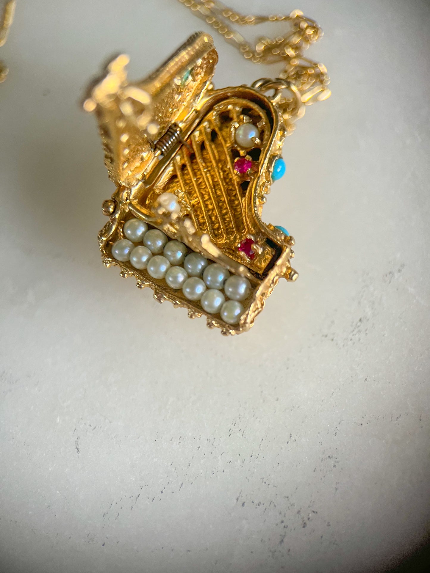 Vintage Grand Piano Charm - Ruby, Sapphire, Pearl, Turquoise and 14k Yellow Gold, circa 1950s