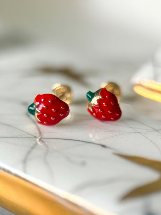 Mini 14k Yellow Gold Enamel Strawberry Stud Earrings