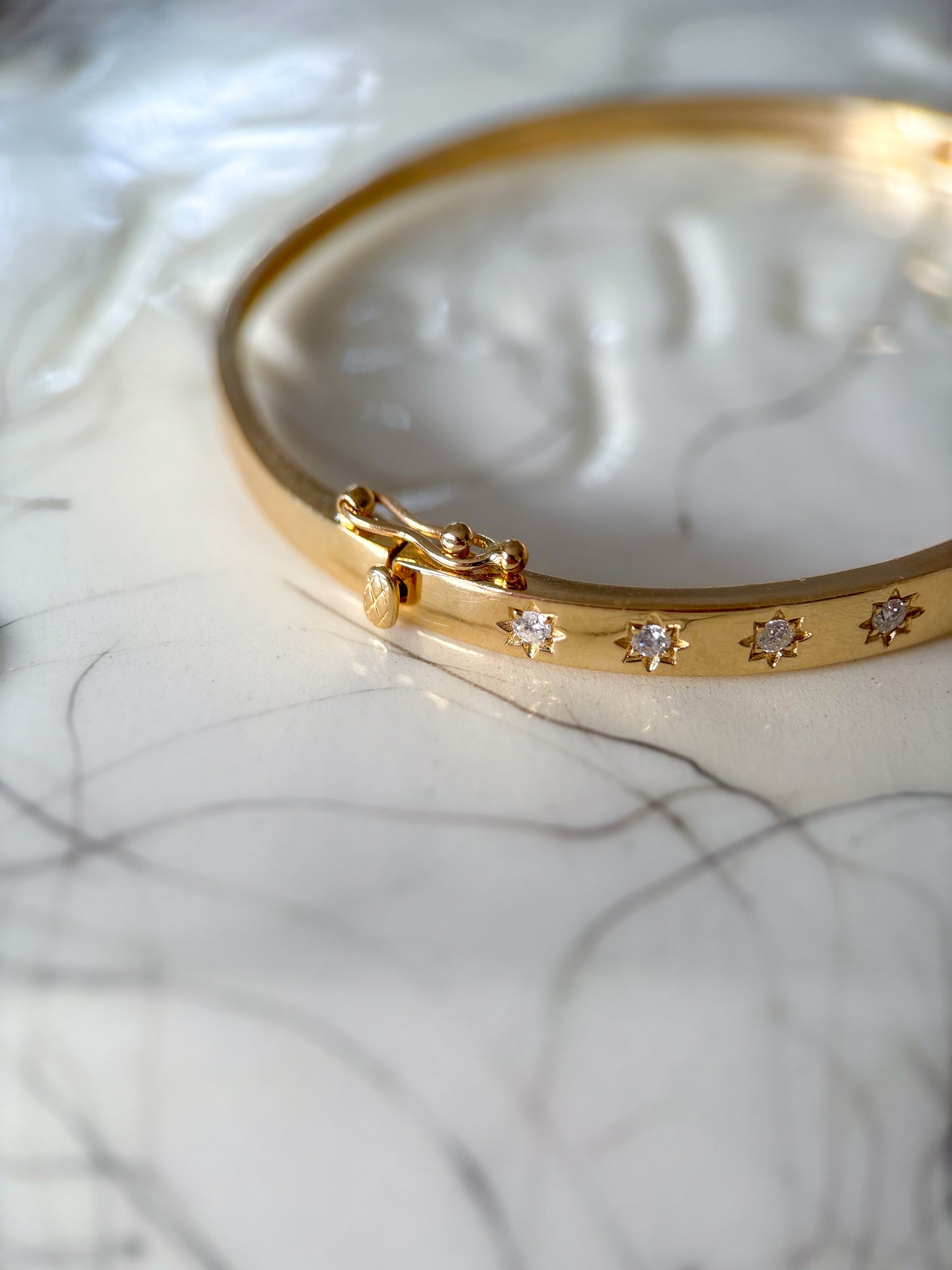 Natural Diamond Starburst 14k Yellow Gold 6 Inch Bangle