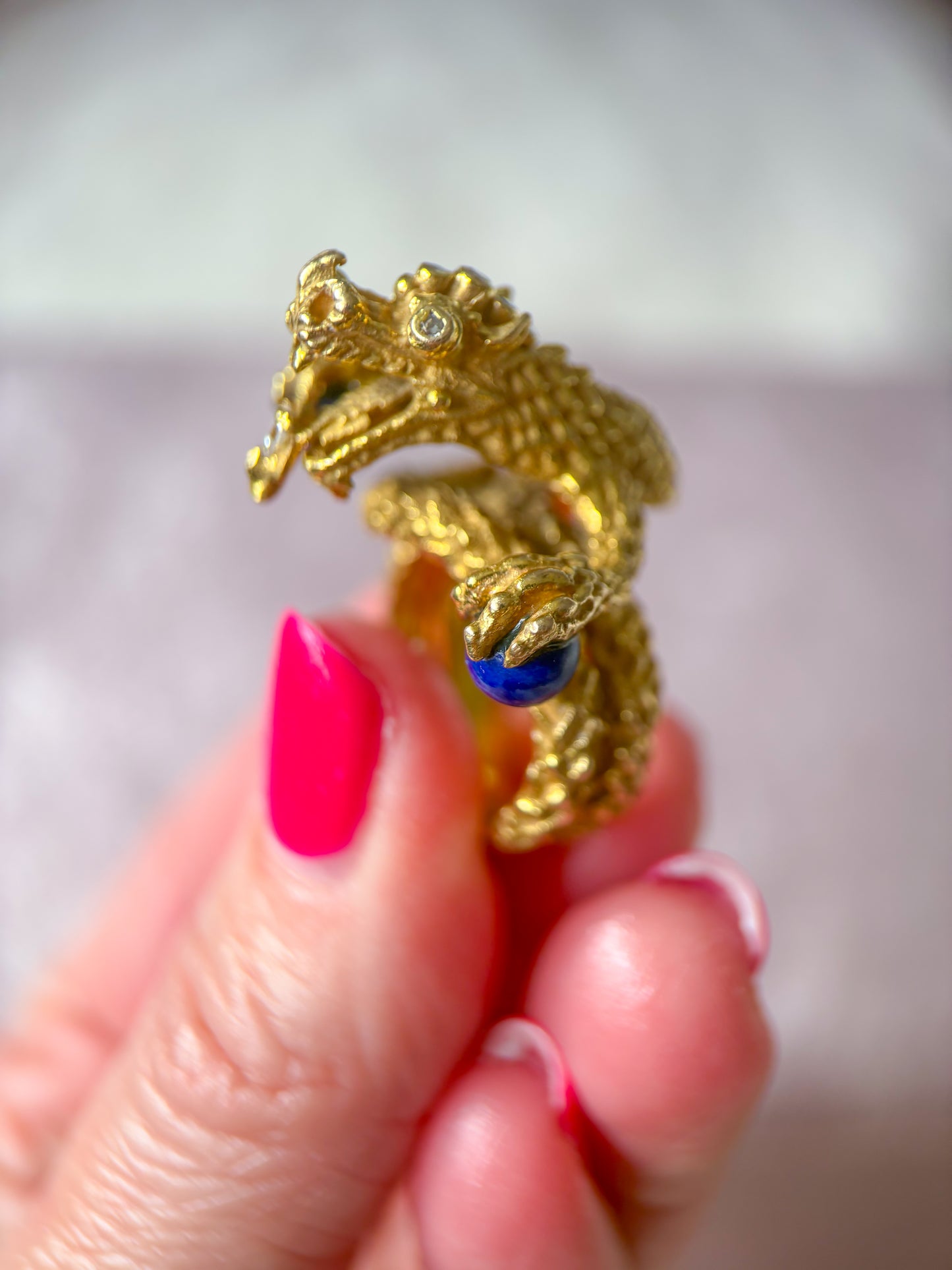 Vintage Mother of Dragons Ring with Natural Diamonds and Lapis Lazuli 18k Yellow Gold Statement Ring