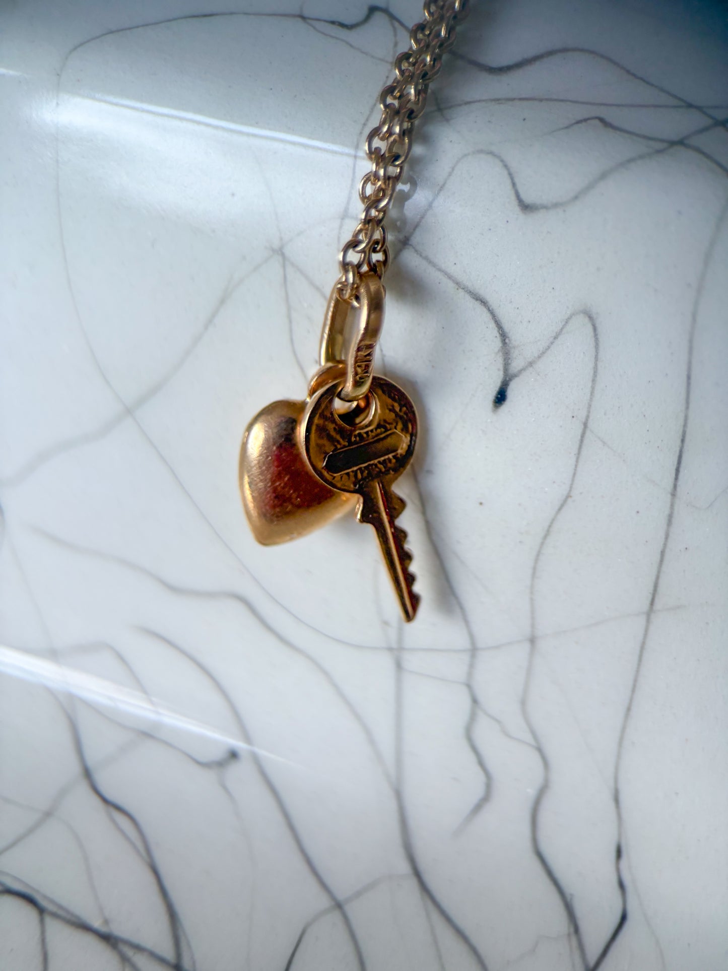 Vintage Mini Puffy Heart and Key 14k Yellow Gold Charm