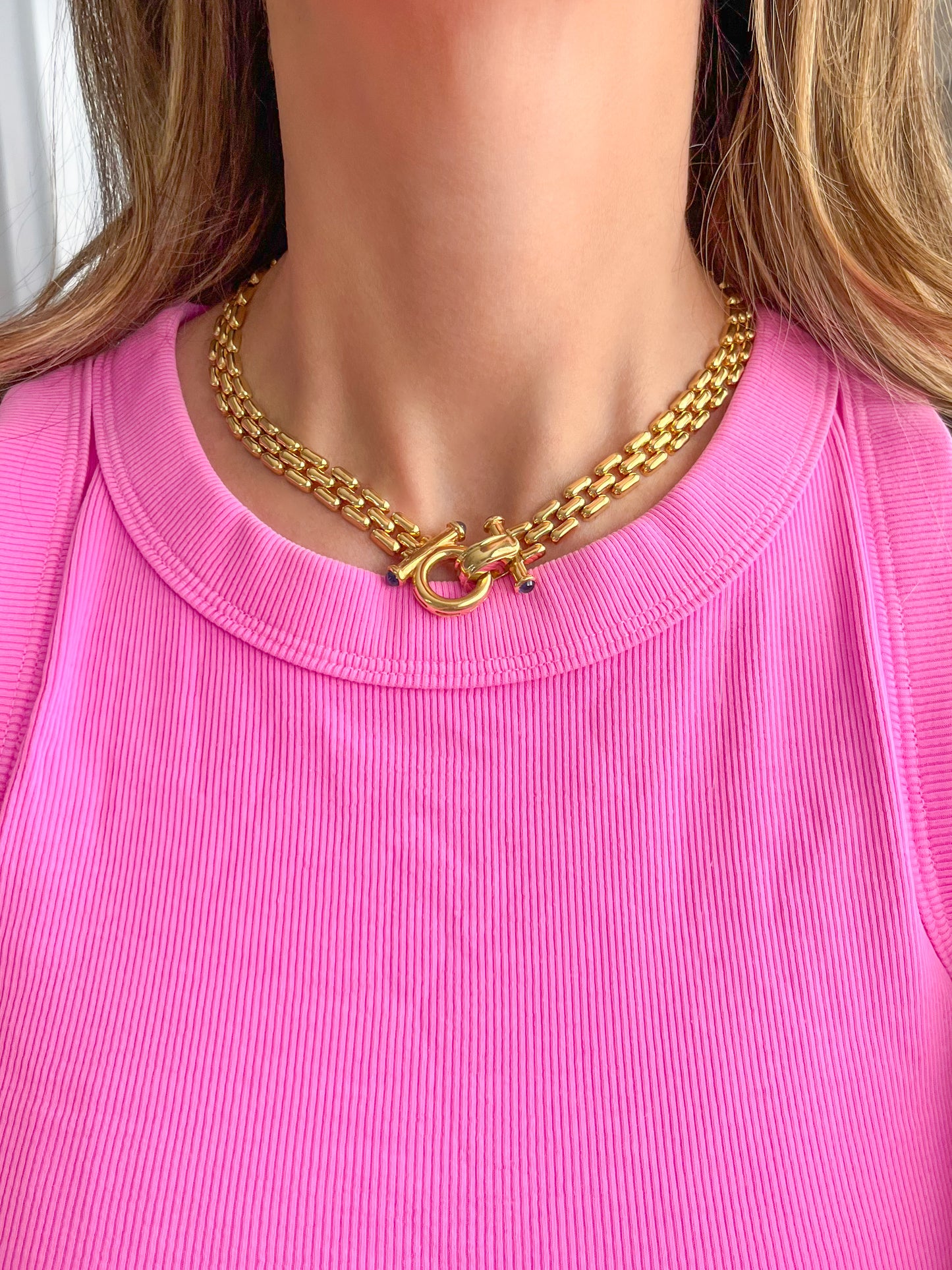 Vintage Panther Link 14k Yellow Gold Necklace with Sapphire Cabochon Toggle