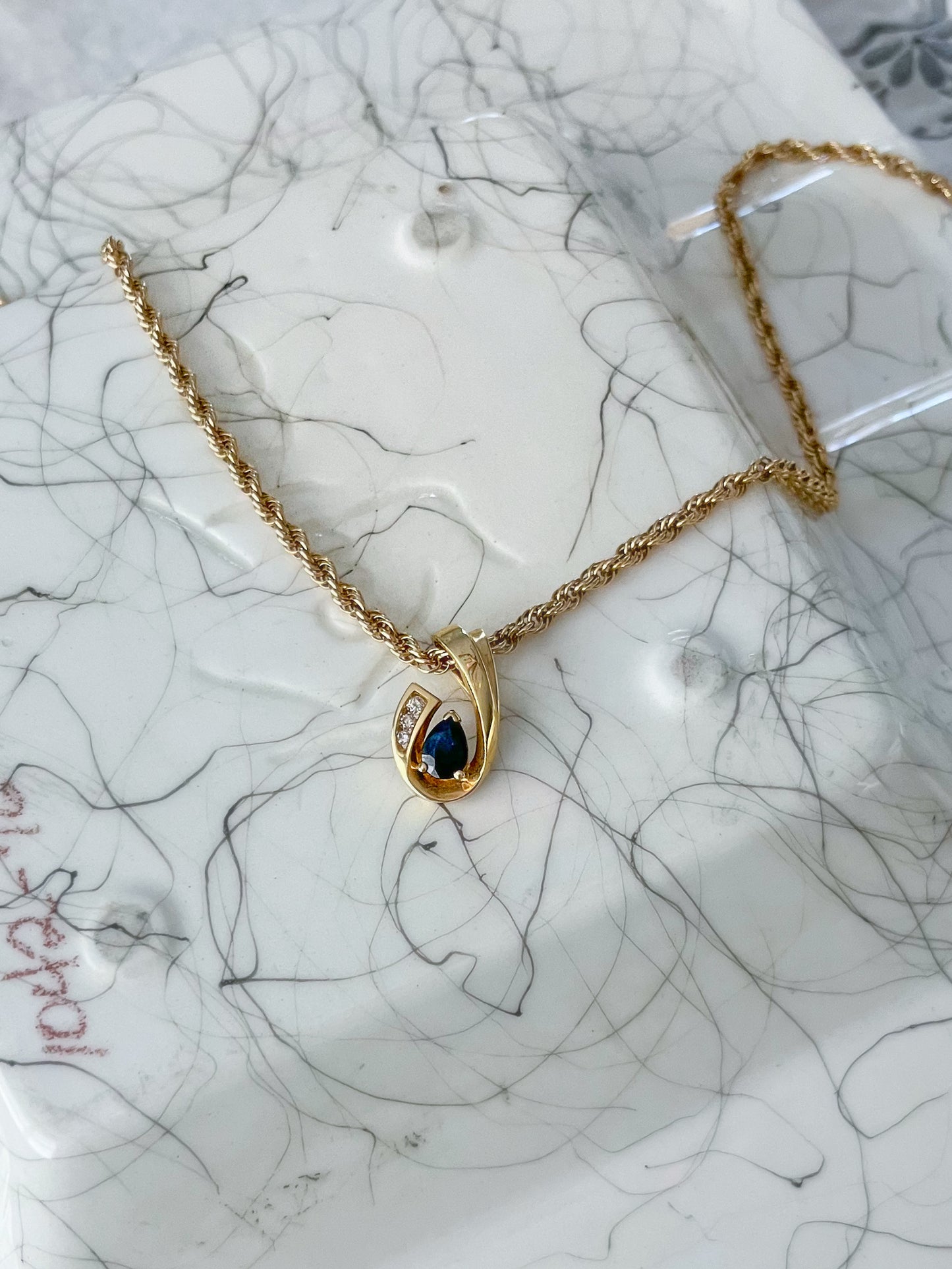 Vintage Natural Pear Shaped Sapphire and Diamond Slider 14k Yellow Gold Charm