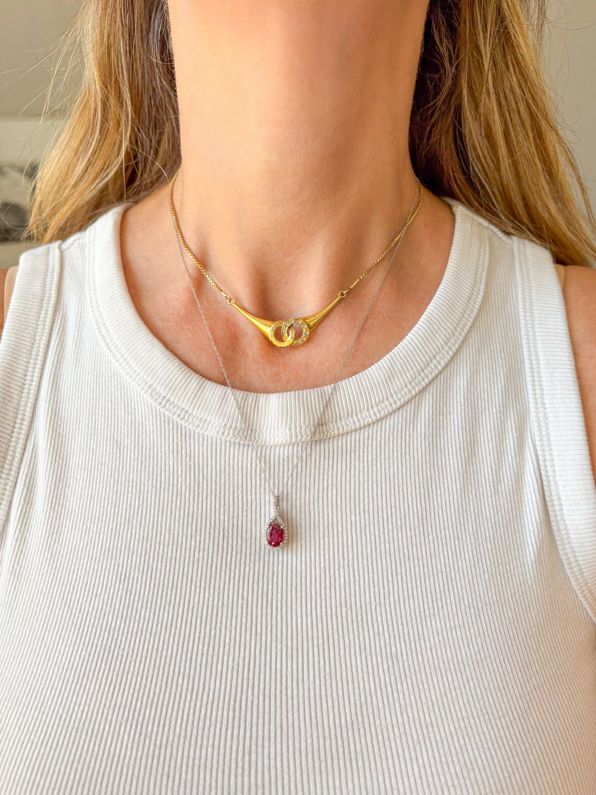 Vintage 10k White Gold and Natural Rhodolite and Diamond Charm with Chain