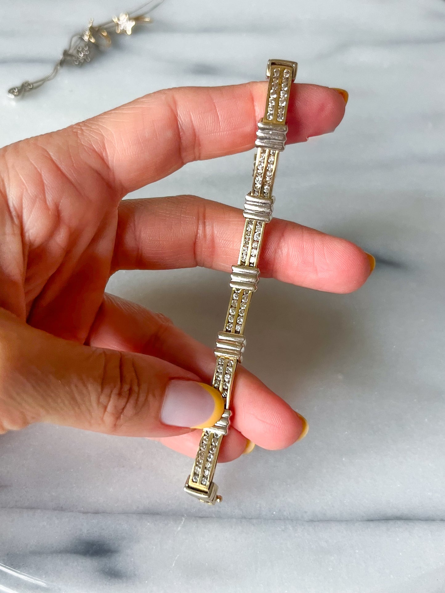 Vintage Chunky Natural Diamond Two Toned 14k White and Yellow Gold 7 Inch Bracelet