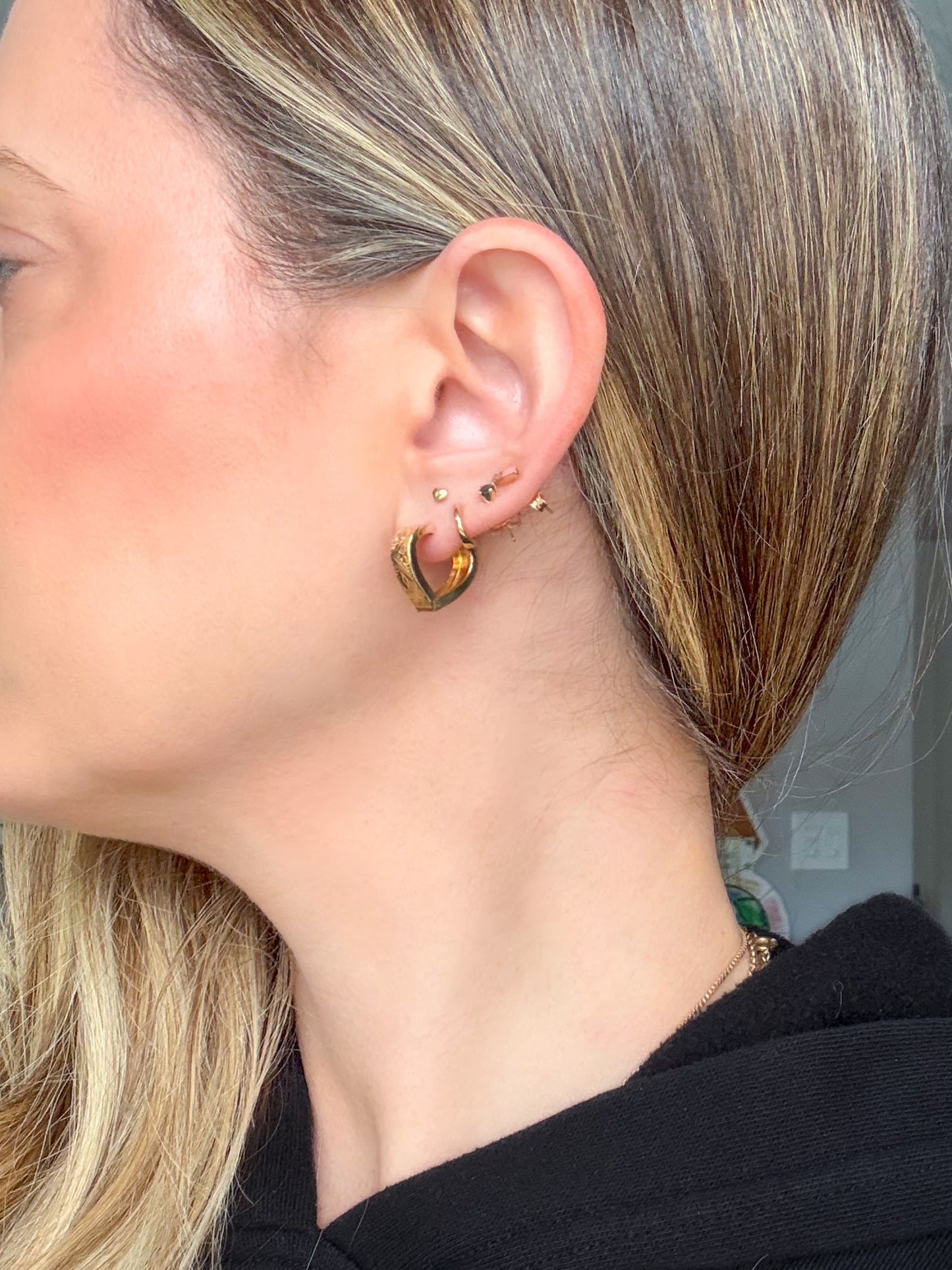 Vintage Heart Huggies 14k Yellow Gold Hoops