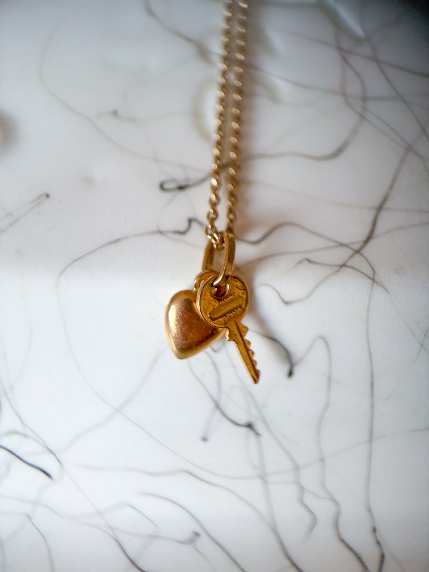 Vintage Mini Puffy Heart and Key 14k Yellow Gold Charm