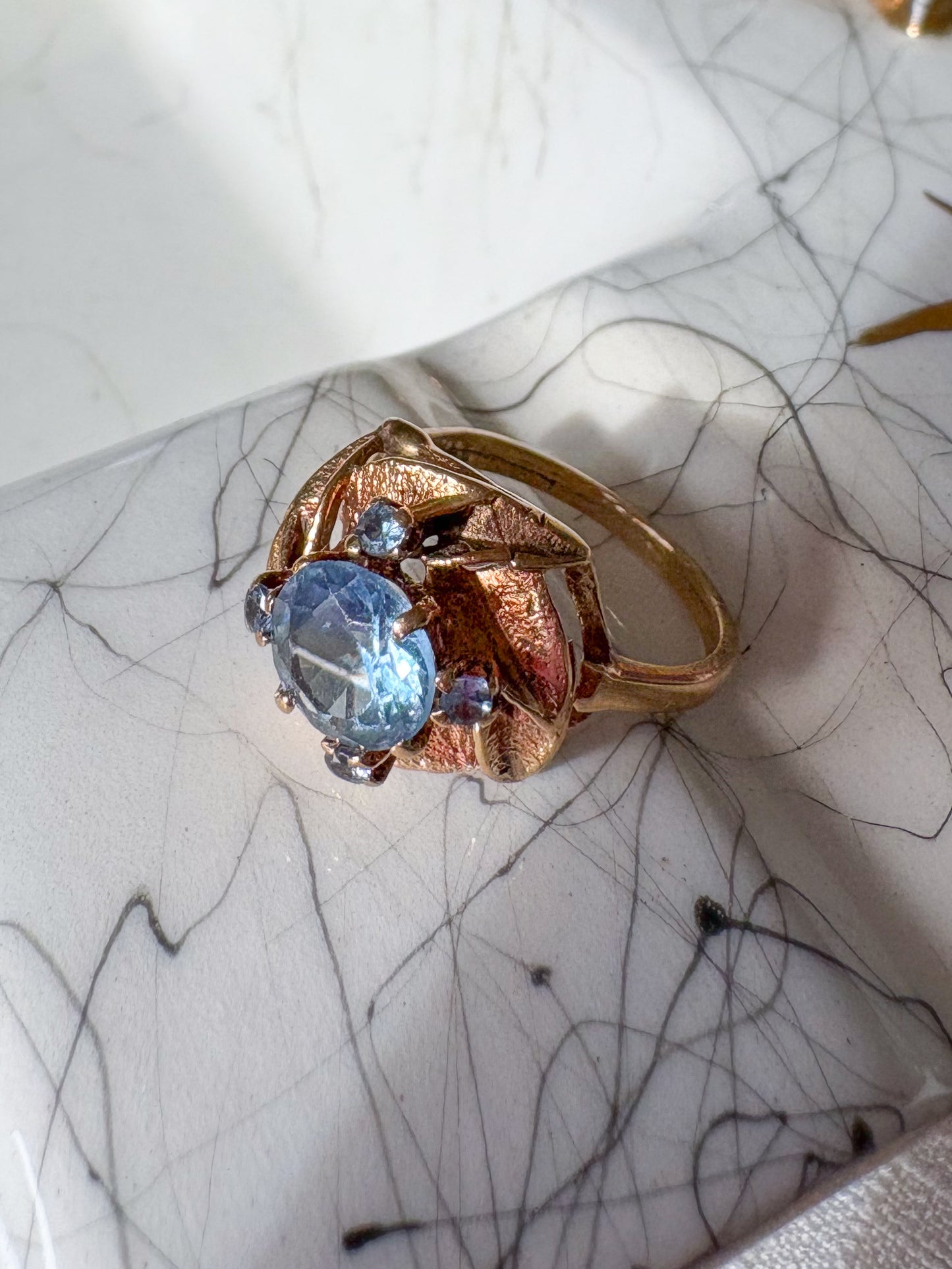 Vintage Natural Aquamarine Rose 14k Yellow Gold Ring